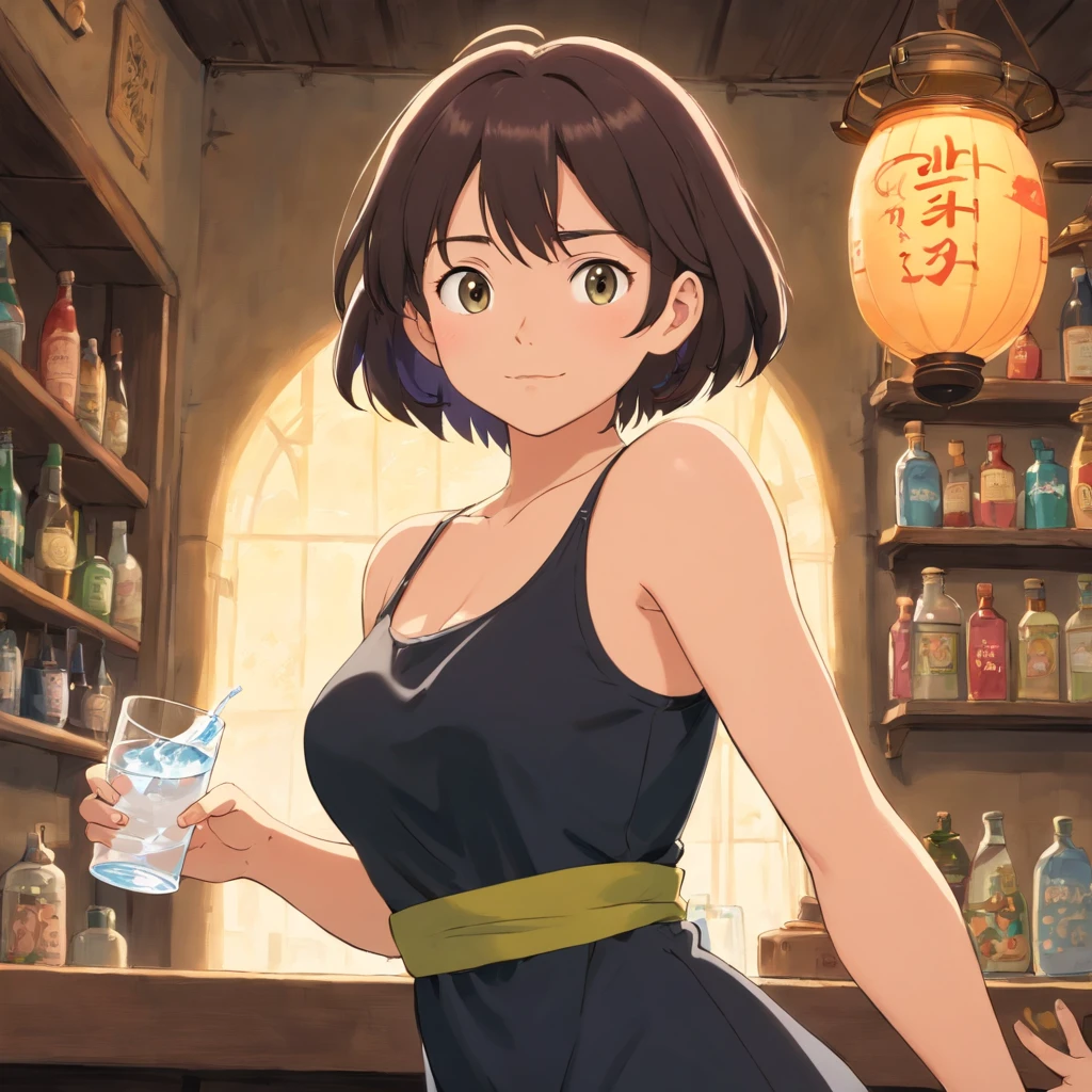 There's a woman holding a glass of water in her hand, vestido sexy, she is wearing a black tank top, corpo sexy, she is wearing a black dress, vestido justo, corpo quente sexy, tanque preto apertado, usando um vestido preto apertado, .gif, deusa alta e fina e bonita, ela tem uma barriga redonda gorda e agitada, vestindo malha