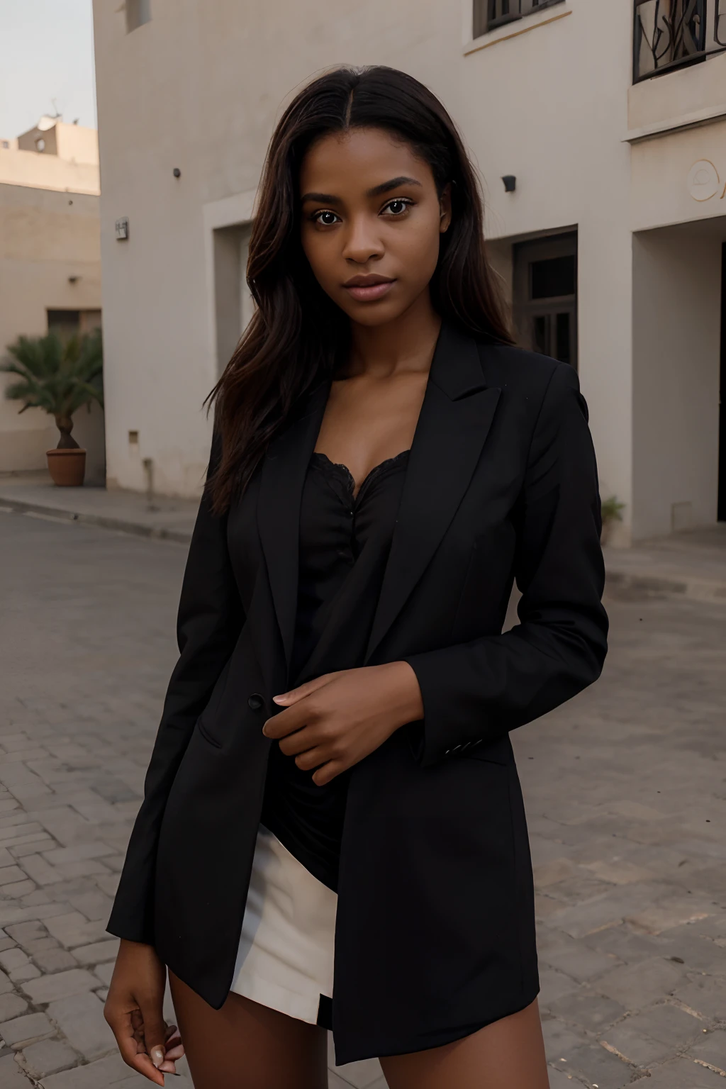 premier quality, tmasterpiece, 1 fille de 20 ans, beau visage, teint ????, femme africaine, (Photorealistic image:1.3), Rim Lighting, (high detail skin:1.2), 8k UHD, DSLR, High quality, High resolution, 4K, 8k, absurdity, Meilleur ratio quatre doigts et un pouce, (real:1.3), petit visage, Mignon une fille, Blazer formel ????, sein moyen, Jupe courte, Dubai
