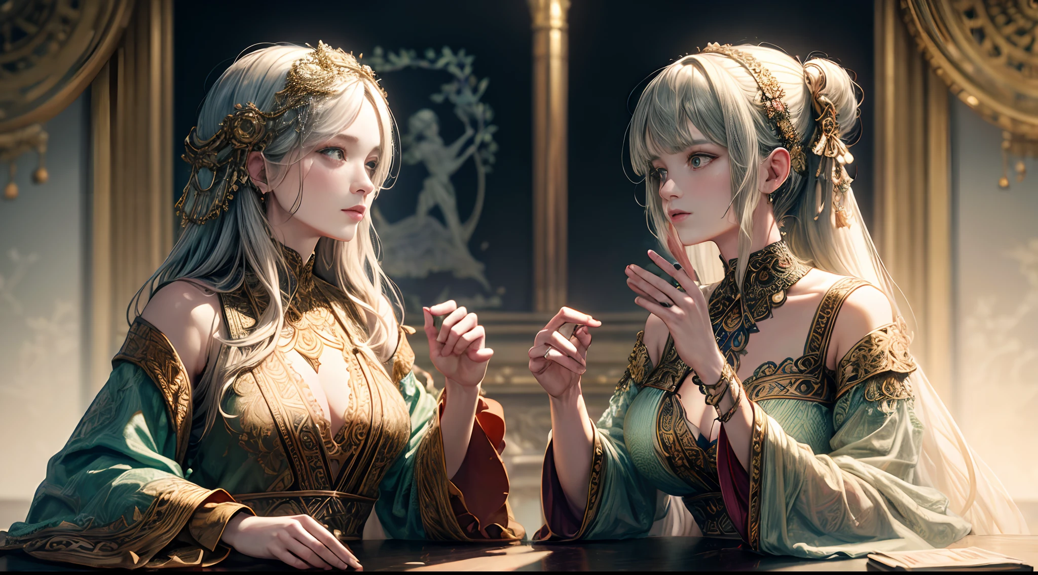 Create an animation featuring Kaida, the courageous leader of the Dragon Clan. She stands in a majestic meeting hall inside the clan's fortress, wearing intricately detailed battle attire with dragon symbols, reflecting her authority and strength. The hall is adorned with dragon sculptures and emblems, with a large stone table at the center. In the background, through a large window, the surrounding mountains are visible, creating an impressive and inspiring backdrop. Sunlight streams through the window, dramatically illuminating Kaida. Include subtle camera movements to enhance the dramatic effect."