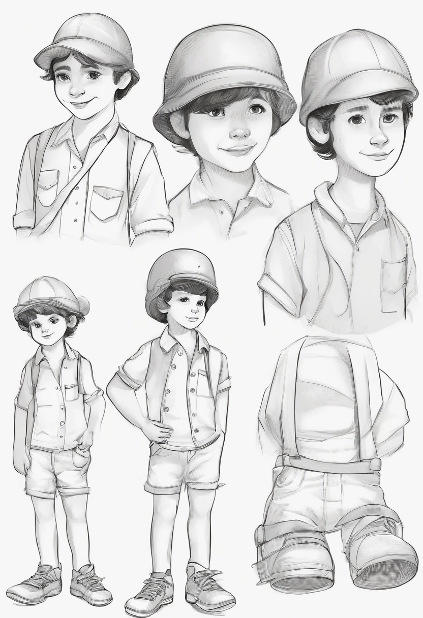 O Pequeno Explorador, various poses and expressions on a white background, Children's book illustration style, fofo, Cores, 6 anos, cabelos castanhos curtos, solid color, camisa branca de manga curta, shorts jeans sem cinto, without glasses, without a hat, sem livro, sem mochila