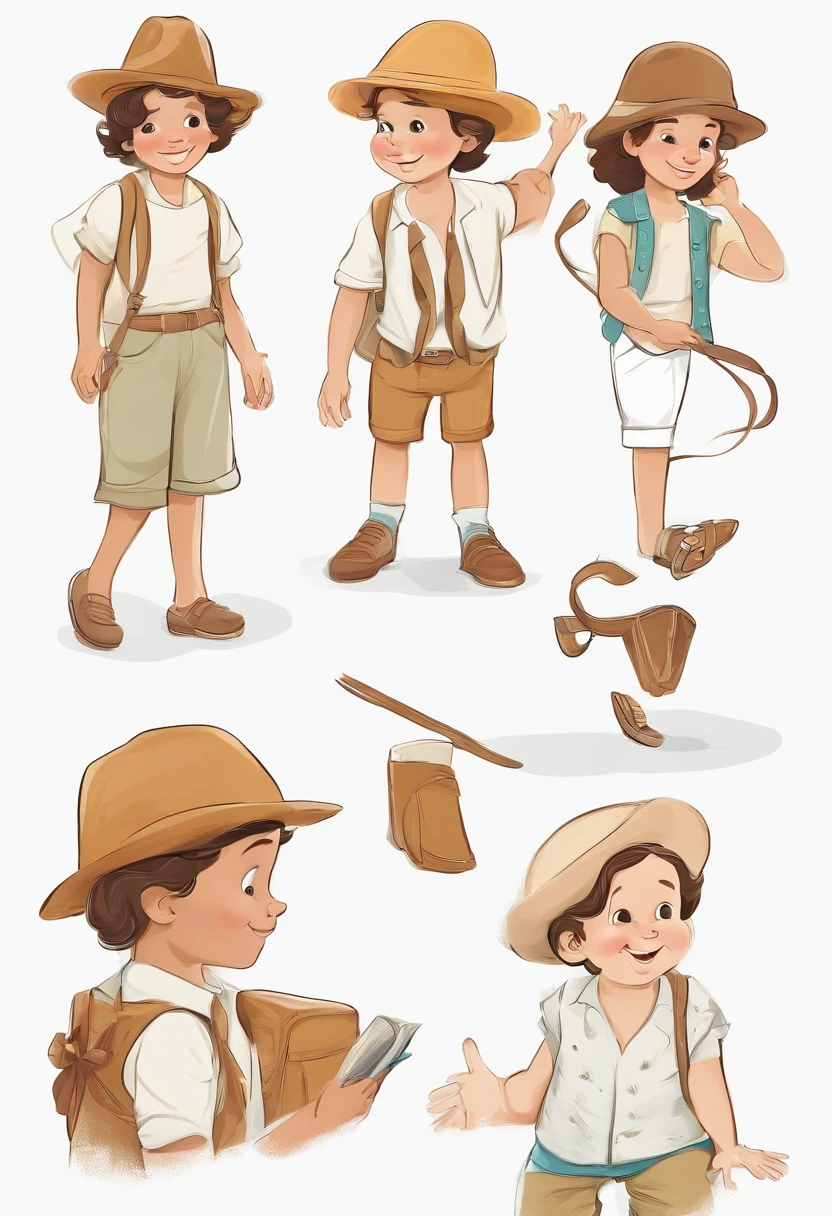 The little adventurer, various poses and expressions on white background, children's book illustration style, simple, cute, 5 , colors, short brown hair, plain color, white short-sleeved shirt, denim shorts without belt, without hat, without book, without glasses, without backpack, super realistic anime