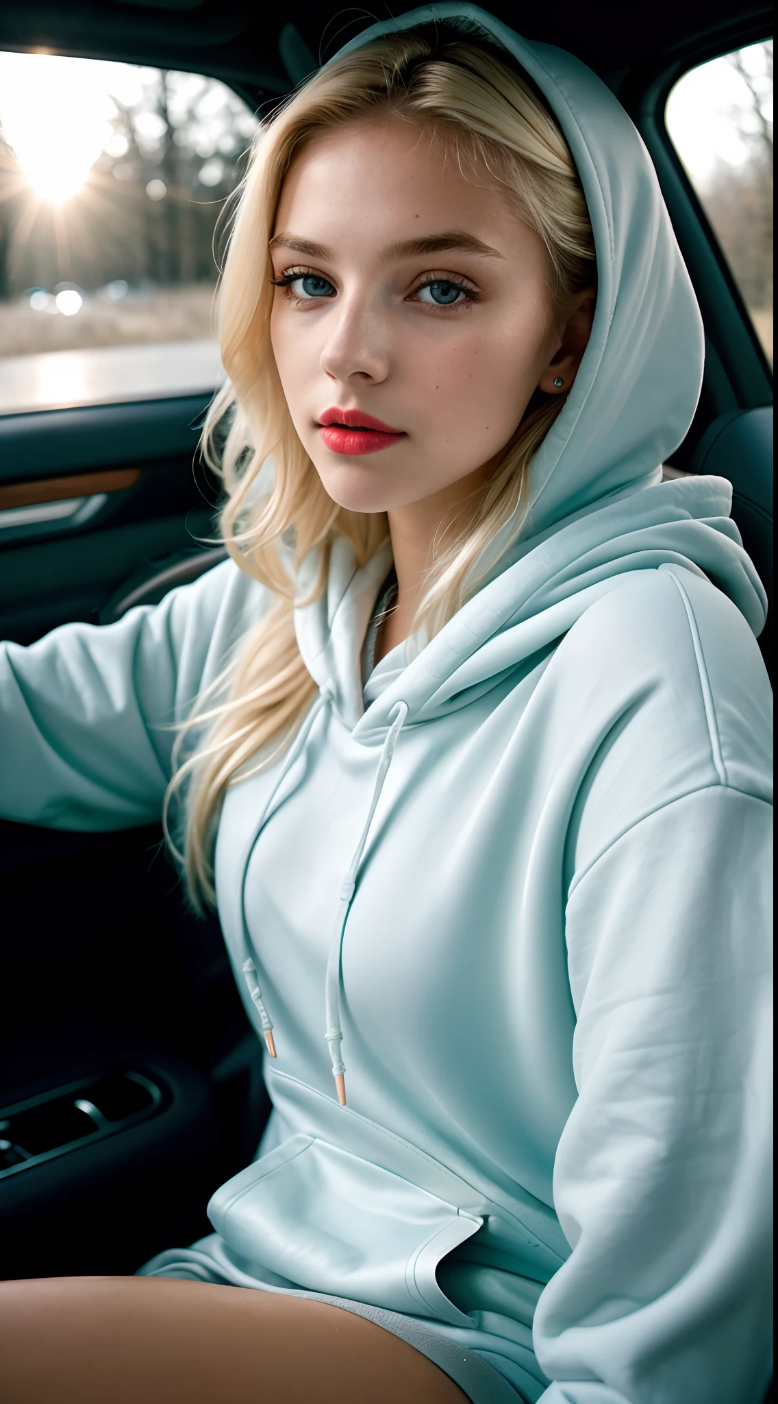 RAW photo, a 22-year-old blonde girl, upper body, selfie in a car, blue hoodie, inside a car, driving, lipstick, soft lighting, high quality, highres, sharp focus, extremely detailed, (sunlight on face), beautiful detailed eyes, masterpiece, cinematic lighting, dslr, Fujifilm XT3, (((film grain)))