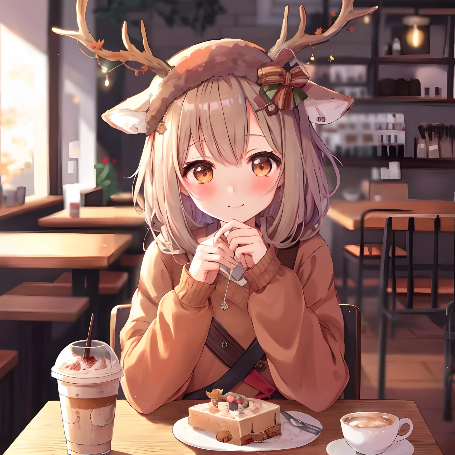Anime girl with deer antlers sitting at table with cake, Anime visuals of cute girls, 🍂 Cute, Cute anime girl, 🍁 Cute, mysterious coffee shop girl, Cute Anime, Cute:2, cozy cafe background, anime style 4 k, kawaii realistic portrait, cute anime style, sitting in a cafe, young anime girl, short antlers, Laid back girl, Troubled eyebrows, Look at me with love, soft smile
