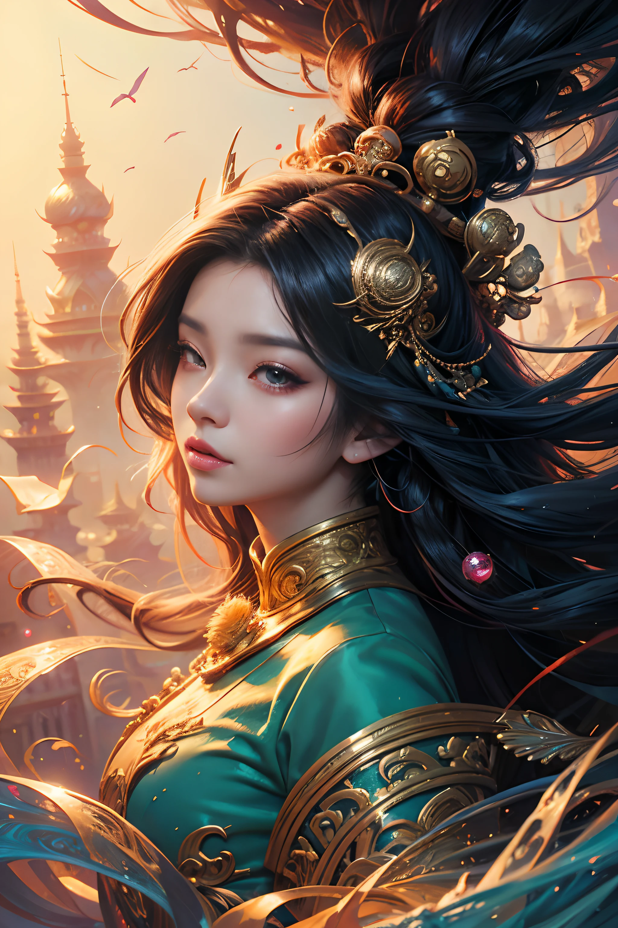 a painting of asian woman with a long hair and a swirly hair, digital art inspired by Cyril Rolando, trending on cg society, fantasy art, jen bartel, digital art fantasy, colorfull digital fantasy art, gorgeous digital art, beautiful art uhd 4 k, digital art fantasy art, exquisite digital illustration, beautiful digital artwork, stunning digital illustration