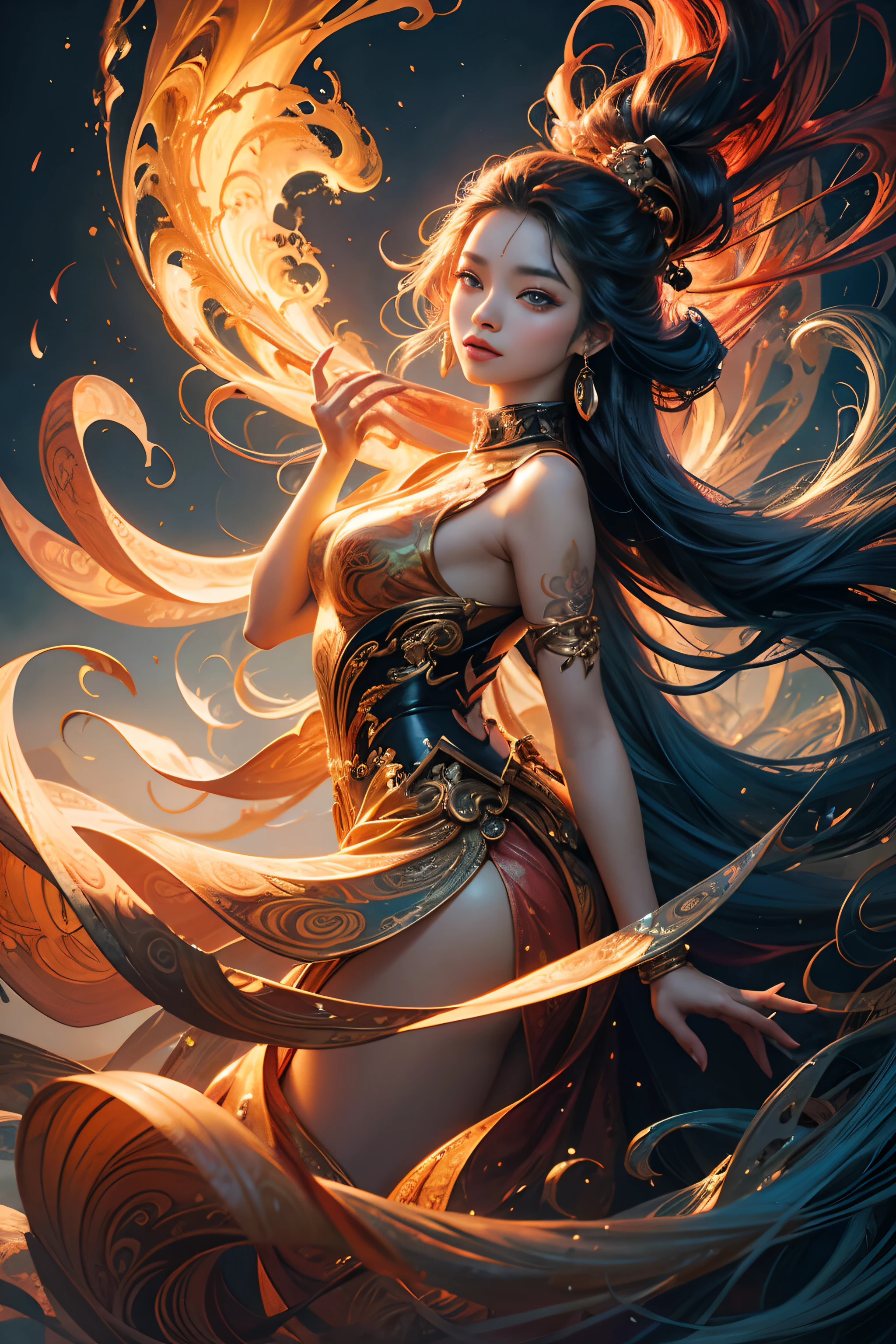 a painting of asian woman with a long hair and a swirly hair, digital art inspired by Cyril Rolando, trending on cg society, fantasy art, jen bartel, digital art fantasy, colorfull digital fantasy art, gorgeous digital art, beautiful art uhd 4 k, digital art fantasy art, exquisite digital illustration, beautiful digital artwork, stunning digital illustration