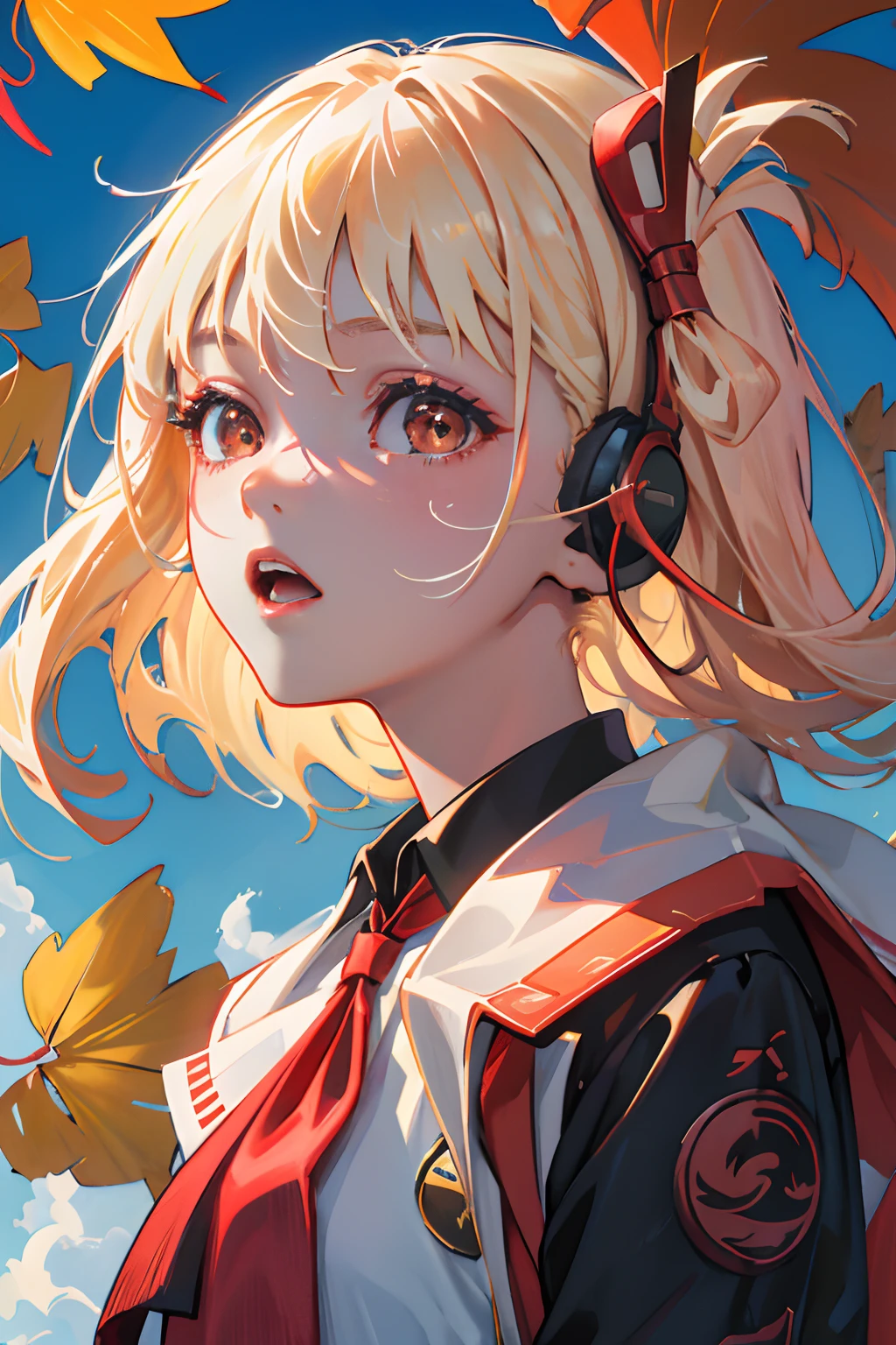 Official Art, Unity 8k Wallpapers, ultra-detailliert, Beautifully Aesthetic, masterpiece, top-quality, realisitic, a closeup, Skindentation, Soouryuu Asuka Langley, Interface headset, bodysuit under clothes, A detailed eye, A detailed face, Detailed hair, black backgrounds, straight-on, looking at the viewers, The sheen, Anime, looking at viewer with a cigarette in her mouth, highly detailed with reflections transparent iridescent opaque jacket, Long transparent iridescent RGB hair, 1girl in, Solo, fronds, School uniform, serafuku, Long hair, red neckerchief, Blurry, Sailor collar, neckerchief, Blonde hair, Shirt, Autumn leaves, Parted lips, Outdoors, Floating hair, Long sleeves, White shirt, Bangs, Upper body, red necktie, Open mouth, neck tie, tusk, Brown eyes, Wind, Autumn, Maple leaf, Falling leaves, Blurry background, day, ginkgo leaf, depth of fields, bug,