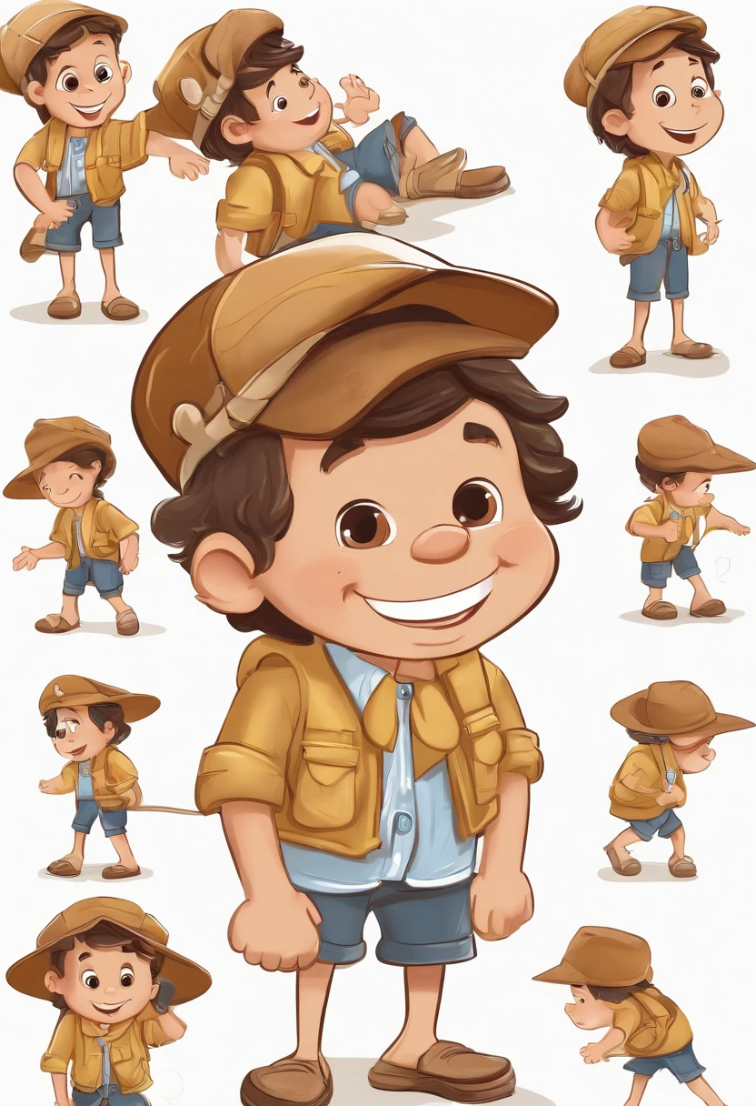 o pequeno explorador, various poses and expressions on a white background, Children's book illustration style, Pescador, cores, 6 anos, cabelos castanhos curtos, solid color, camisa branca de manga curta, shorts jeans sem cinto, without glasses, without a hat, sem livro, sem mochila