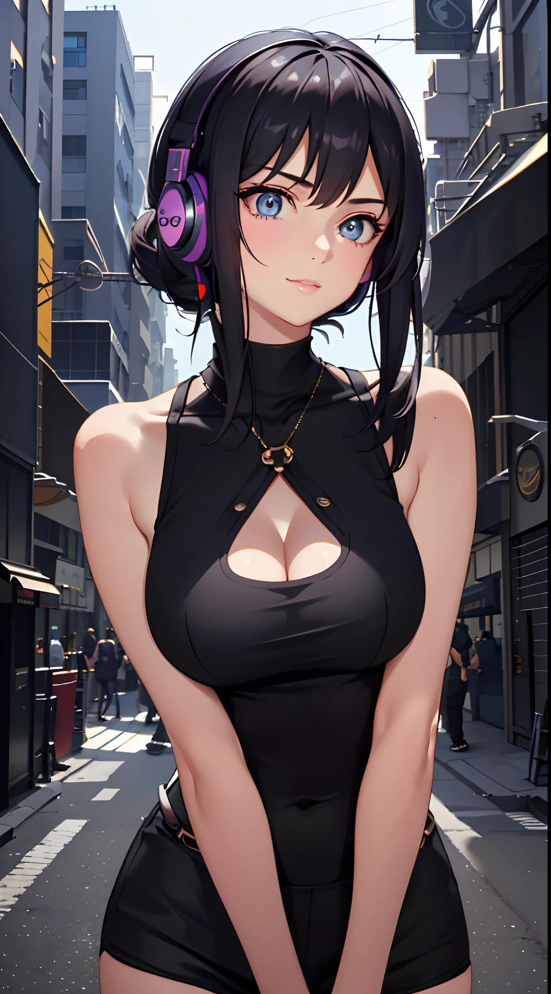 (Masterpiece, fine detailed beautiful eyes: 1.2),  ars old，(flatchest:1.2)，Black hair，Black tank top, cleavage，Frontal photo，closeup cleavage，Suspenders，Arms drooping，The shoulder straps slip off， glowing headphones, Cyberpunk, Futuristic, Detailed eyes, ultra - detailed,Light smile, looks into camera, (Extremely detailed CG, Unity, 8K wallpaper:1.1), Beautiful face, Highly detailed ，street corner