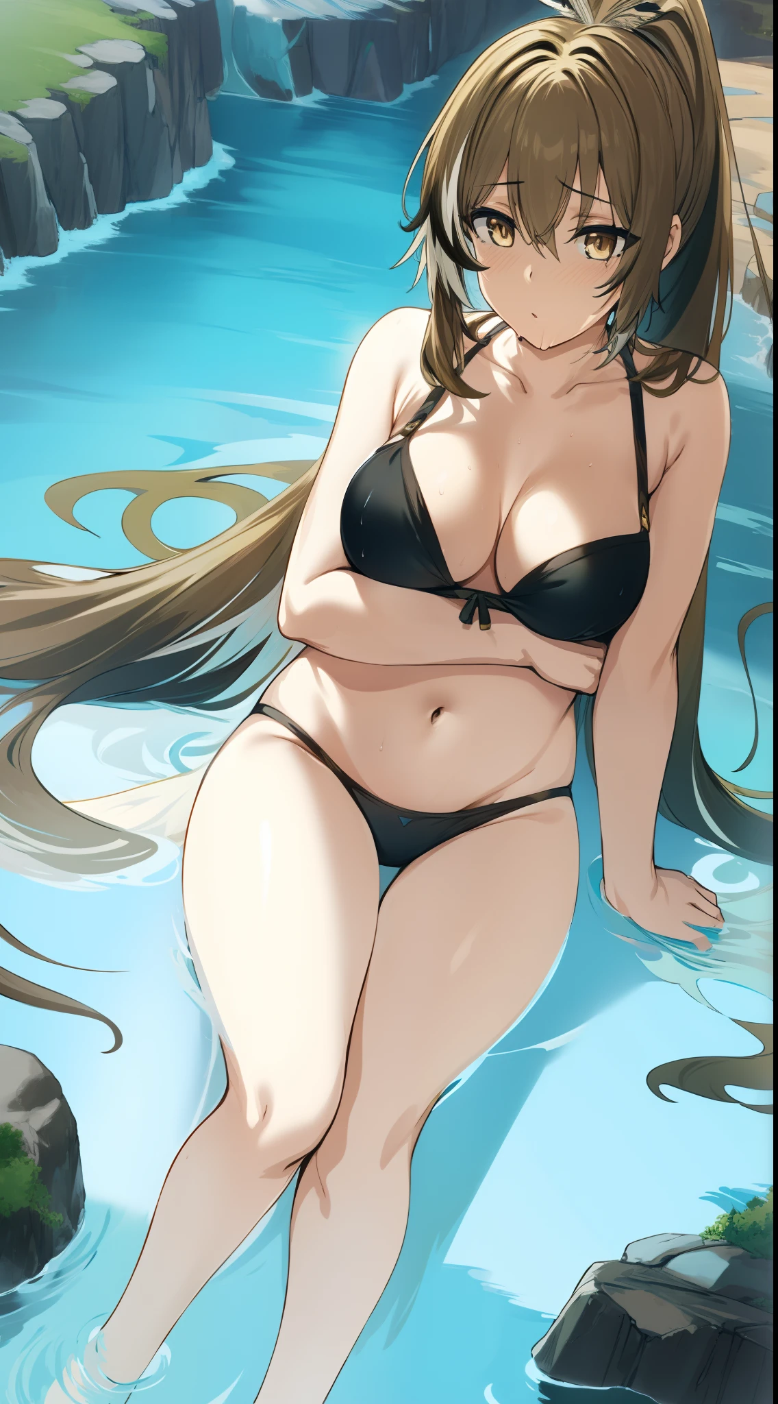 2D, HD, Detailed details, Detailed landscapes, beautiful lights, Beautiful Shadows, top-quality, Highly detailed, masterpiece, best quality, solo, 1girl, aamumei, very long hair, ponytail, ahoge, multicolored hair, feather hair ornament, hairclip, hews, hews styled, brown hair, looking at the viewer, anime-styled, (mini breasts), blush, navel, armpit, arms behind head, shiny skin, ((wet)), water, depth of field, black bra, black panty, ((full body)),
