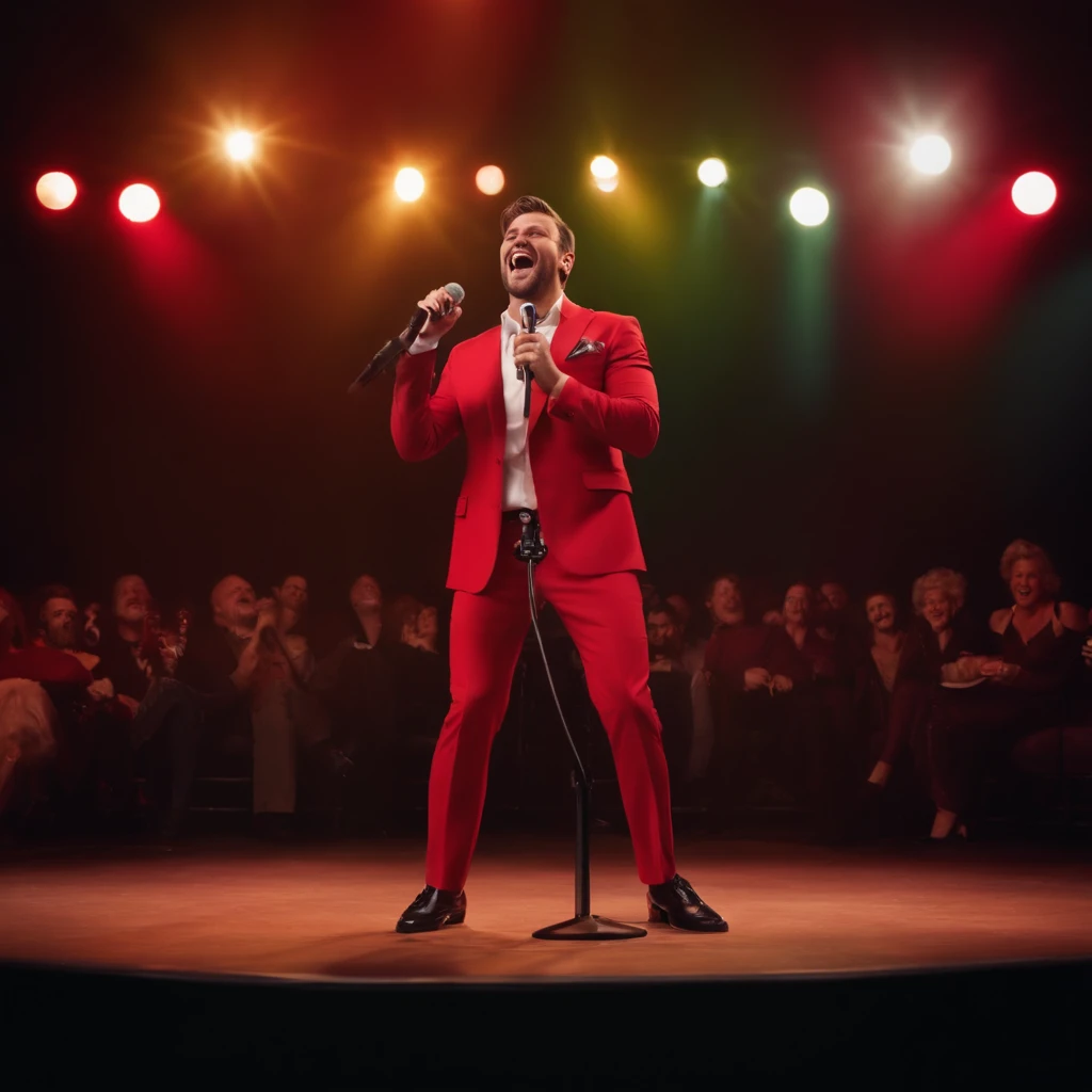 man doing a comedy show on a stage, with a microphone in his hand and laughing, 4k, ultra realistic