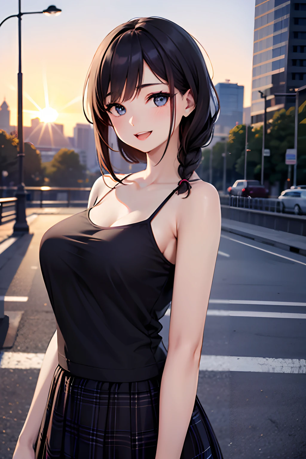 Highest resolution, highest resolution, masterpiece, girl (18 years old, best bust, medium bust, wide open breasts, glowing red eyes, black hair, red mesh, messy hair, ponytail, detailed and beautiful eyes, slender, The highest cleavage, open chest, luminous wristband, hair ornament, showing the whole body, wearing a black short-sleeved T-shirt, shoulder bag, denim shorts, leaning forward, smiling, disheveled, hands on hips, turning around)) , High quality, Beautiful art, Background ((Cityscape of another world)), Boundary depth, Movie, Visual arts, Perfect art, 8K, Authentic, Highest image quality, Ultra high image quality, Ultra fine, Ultra detailed art, Overwhelming depiction