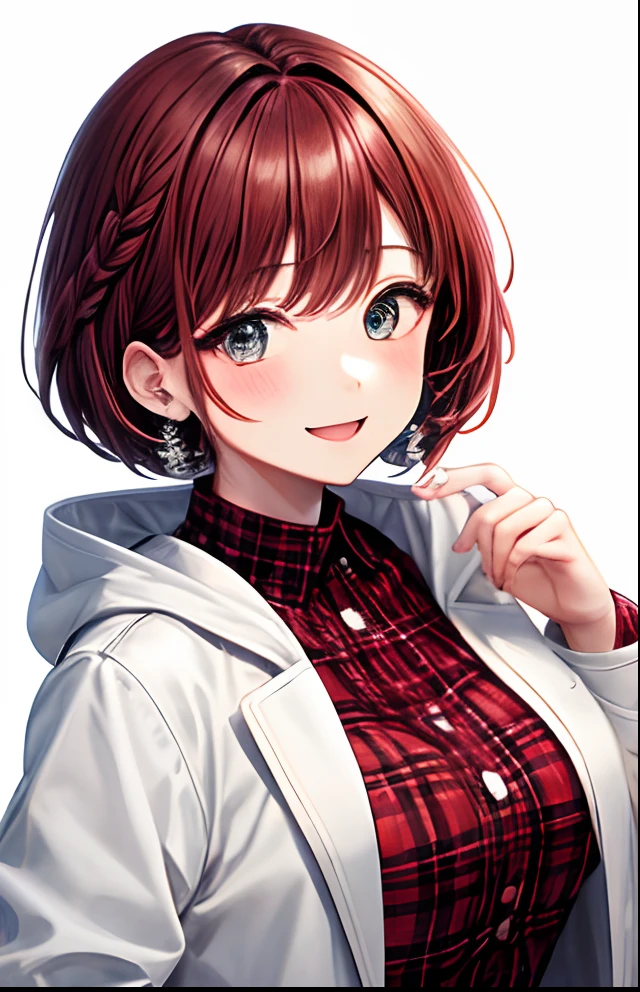 girl with、No background、without background、Background through、Red-brown hair、Red hair、bob cuts、The long-haired、Braiding、Brown plaid dress、Plaid dress、White coat、White coat、Glitter、kirakira、White earrings、White earrings、A smile、kawaii、