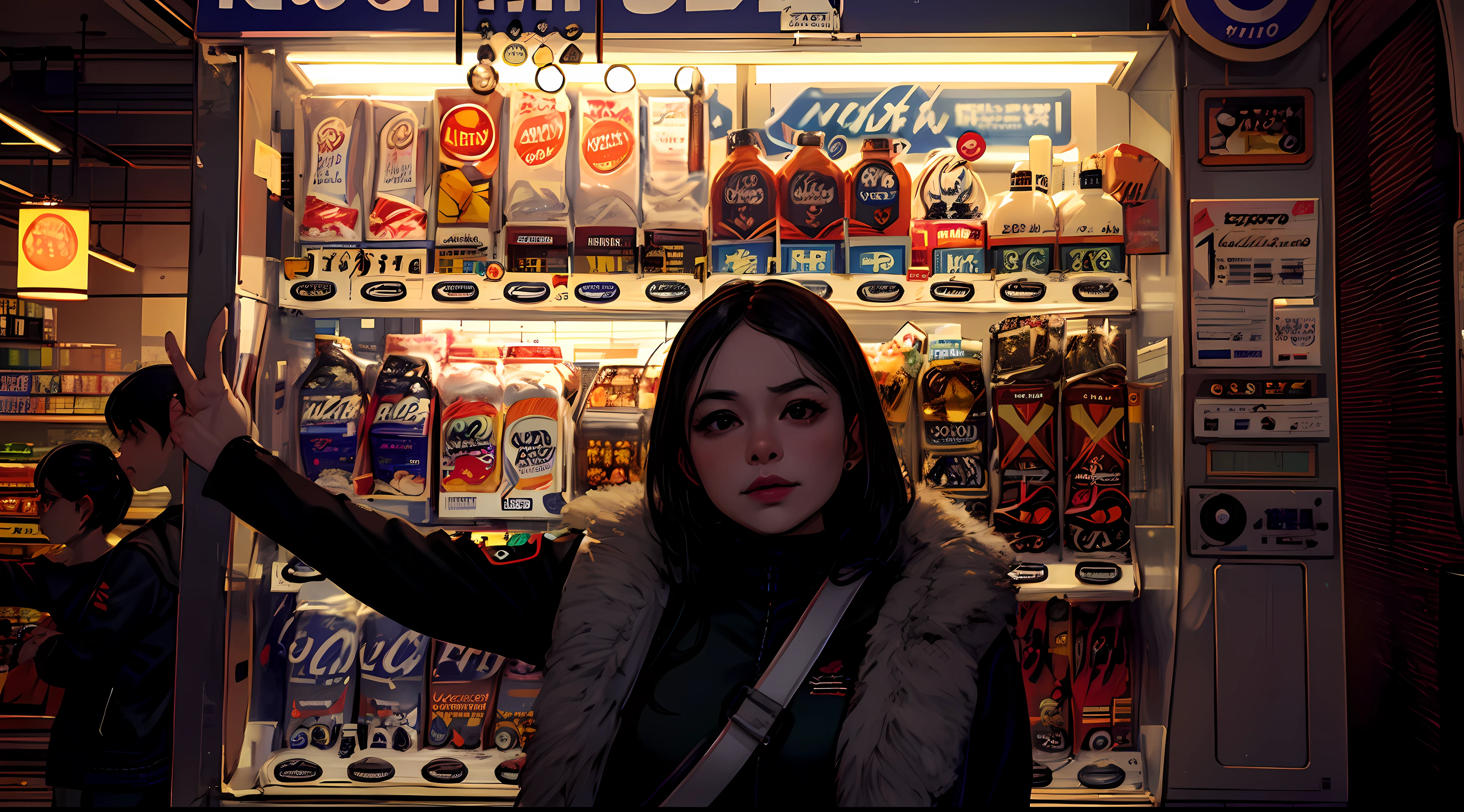 araffe vending machine with a seductive woman standing in front of it, lofi girl, stood in a supermarket, in a mall, super vibrant cyberpunk, lofi girl aesthetic, convenience store, soda themed girl, smooth in _ the background, semi-realism, at a mall, (((low light))), nsfw