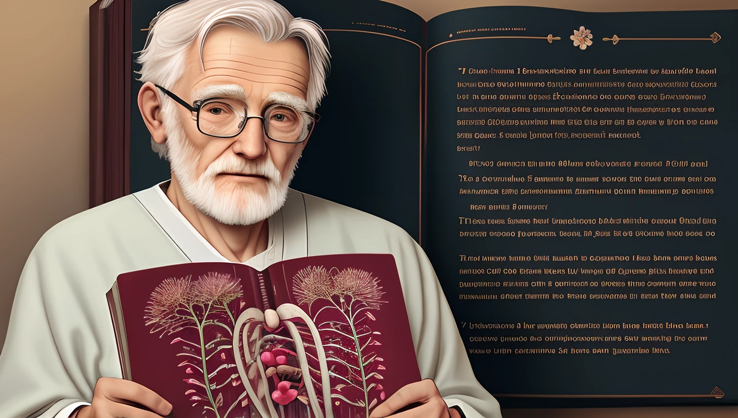 Medical illustration Books Text Old man in costume Flowers Human organs