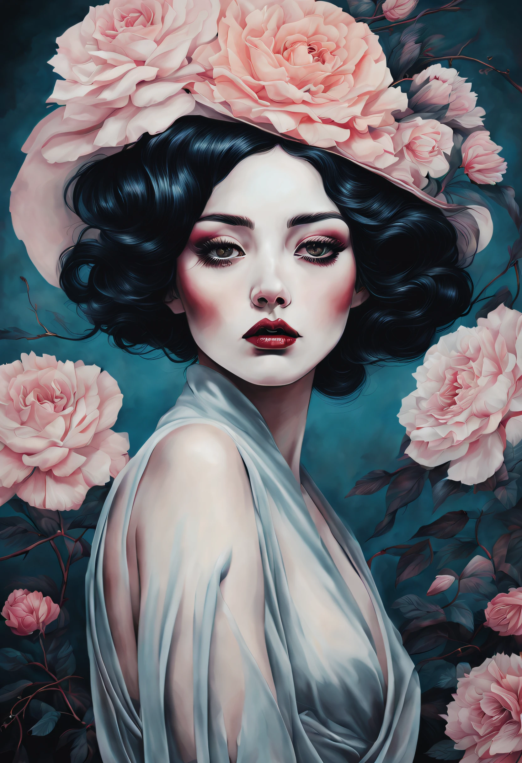 chiaroscuro technique on sensual illustration of an elegant woman, vintage , eerie, matte painting, by Hannah Dale, by Harumi Hironaka, extremely soft colors, vibrant, highly detailed, digital artwork, high contrast, dramatic, refined, tonal,