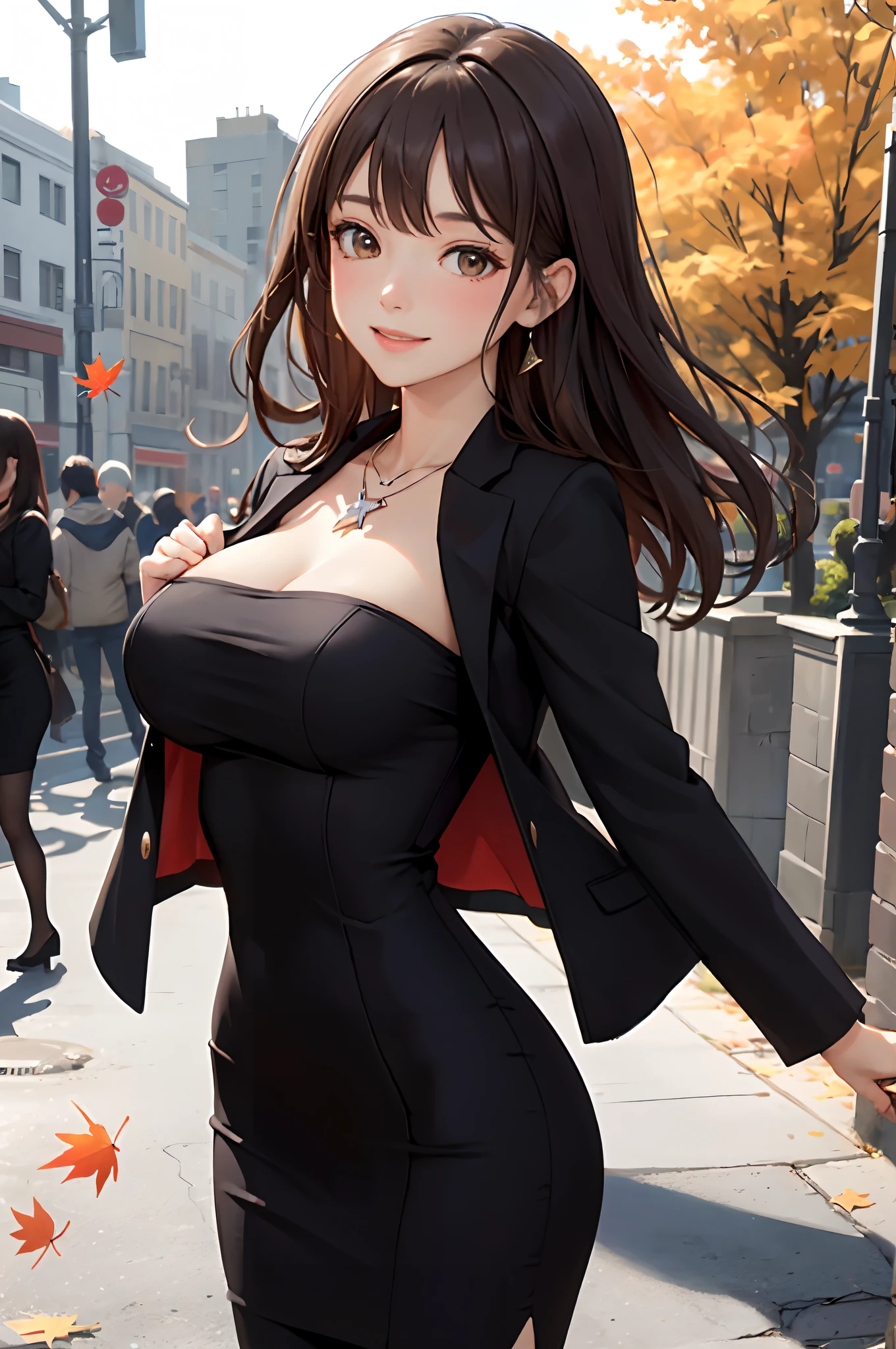1lady standing, mature female, /(pencil dress/) /(black dress/) necklace, /(jacket on shoulder/), /(brown hair/) bangs, blush kind smile, (masterpiece best quality:1.2) delicate illustration ultra-detailed, large breast, arms down BREAK /(streets of Canada/), maple fallen leaves, detailed background