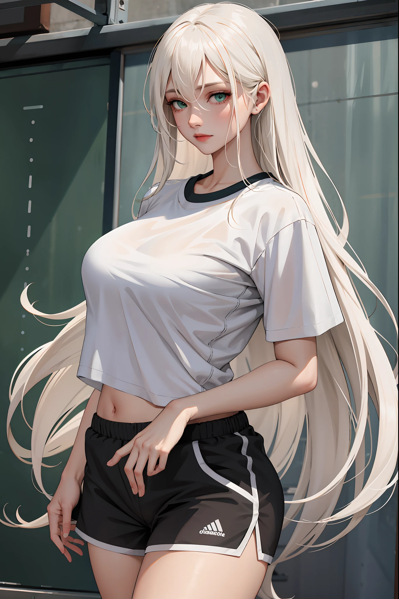(masterpiece:1.2, best quality), (real picture, intricate details), 1lady, solo, upper body, sitting down, sitting on ground, casual, long hair, minimal makeup, natural fabrics, close-up face, tired, sweaty, physical activity, tired face, tired expression, school, long light platinum blonde hair, bangs, voluminous hair, green eyes, big breasts, big ass, big tits, big butt PE school uniform, school PE shorts, athletic shorts, PE t-shirt, white t-shirt, black athletic shorts, sweaty, sweat, bangs on forehead, Korean bangs, cute bangs, mature face, 1adult, 1 female, 1 woman, NSFW, sweaty, sweat, very sweaty