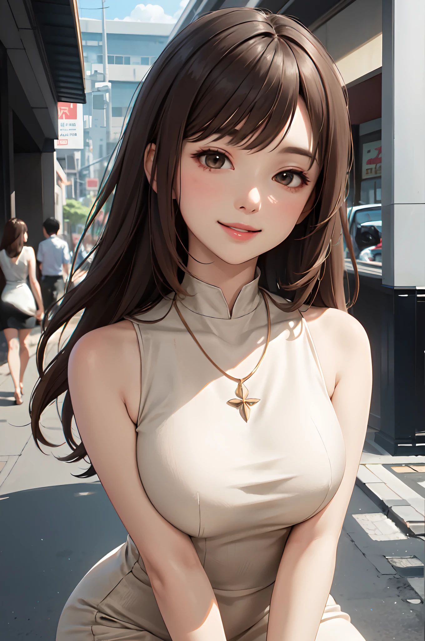 1lady standing, mature female, /(pencil dress/) /(beige dress/) necklace, /(brown hair/) bangs, blush kind smile, (masterpiece best quality:1.2) delicate illustration ultra-detailed, large breast, arms down BREAK /(streets of Singapore/), detailed background
