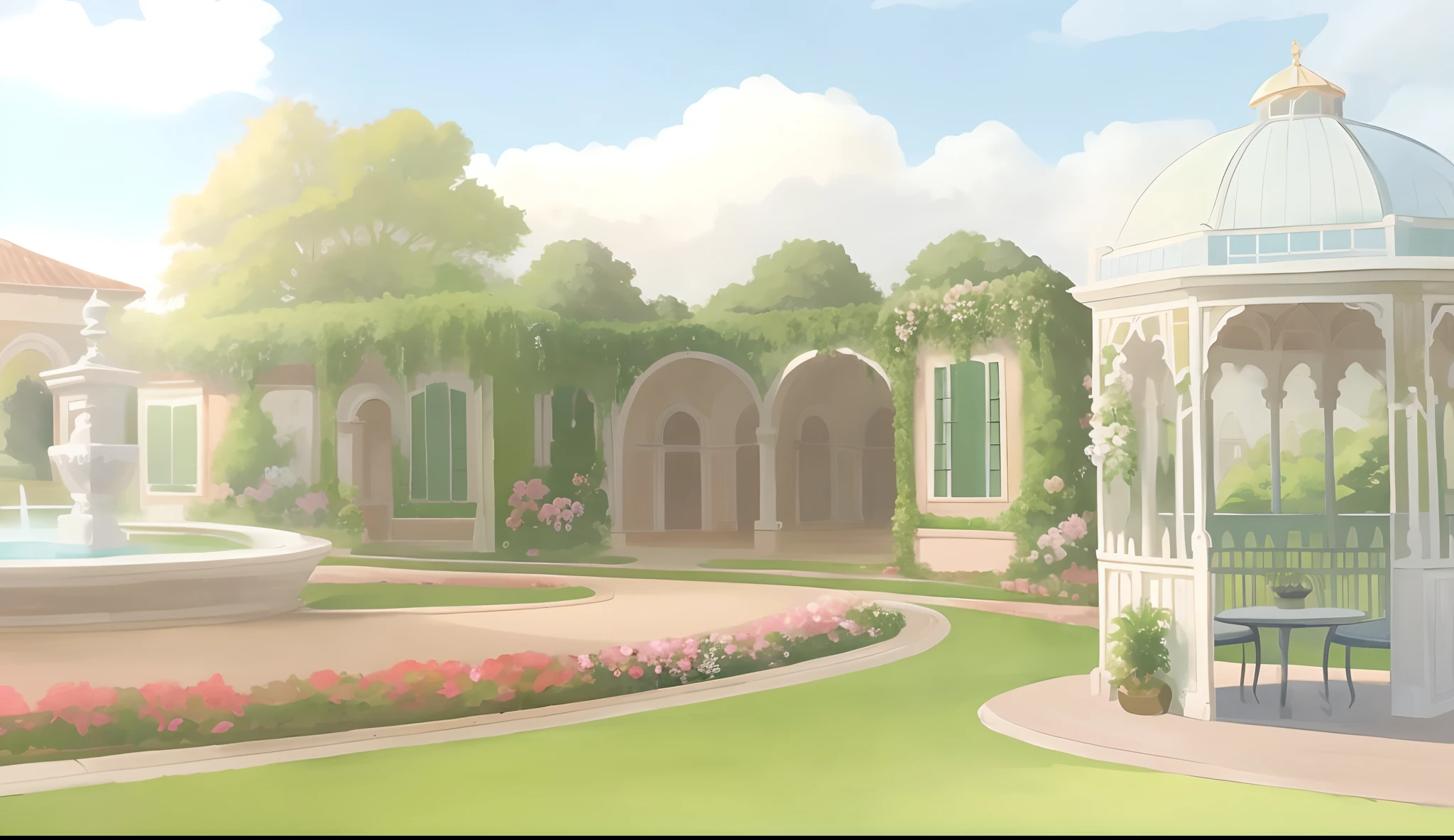 There is a gazebo in the middle of a garden with a fountain, Fundo do jardim real, palace background, Arte de fundo, arte de fundo do anime, anime scenery concept art, arte de fundo, anime scenery, Fundo do anime, beautiful anime scenery, fundo do jardim, paisagem do jardim real, fundo do parque, random background scene, ballroom background, arte conceitual relaxante, stunning arcanum backdrop