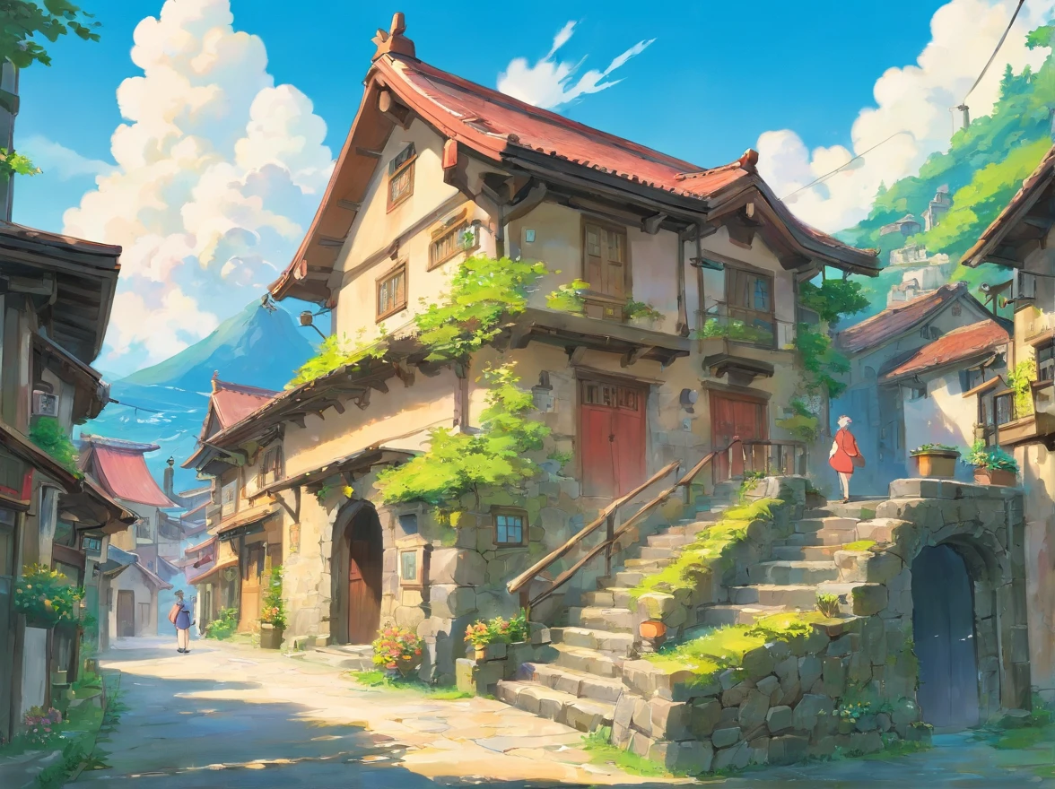 In an old village，There are many villages that are a bit dilapidated，White clouds and blue sky，Behind it is the mountains