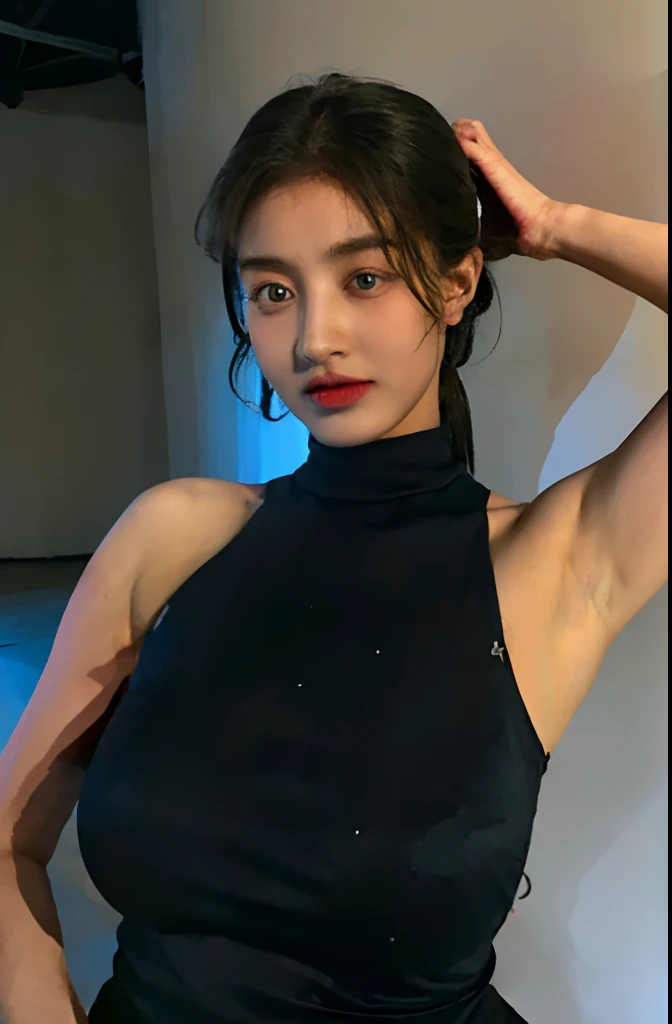 1 girl, (Ultra Real), (Illustration), (High Resolution), (8K), (Very Detailed), (Best Illustration), (Beautiful Detailed Eyes), (Best Quality), (Ultra Detailed), (Masterpiece), showing armpit, curvy, big breast, gorgeous, perfect, black sleeveless turtleneck, arms up, sweating