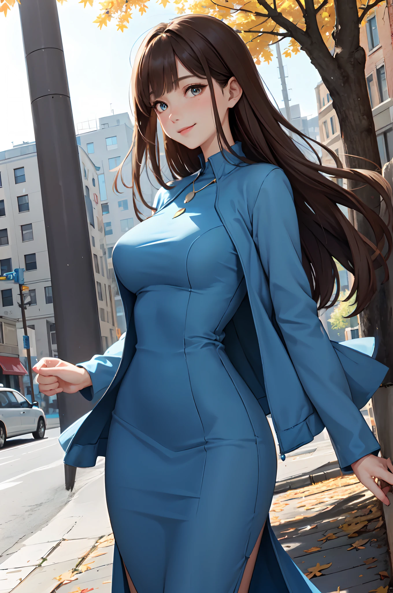1lady standing, mature female, /(pencil dress/) /(vivid blue dress/) necklace, /(bolero jacket/), /(brown hair/) bangs, blush kind smile, (masterpiece best quality:1.2) delicate illustration ultra-detailed, large breast, arms down BREAK /(streets of Canada/), maple fallen leaves, detailed background