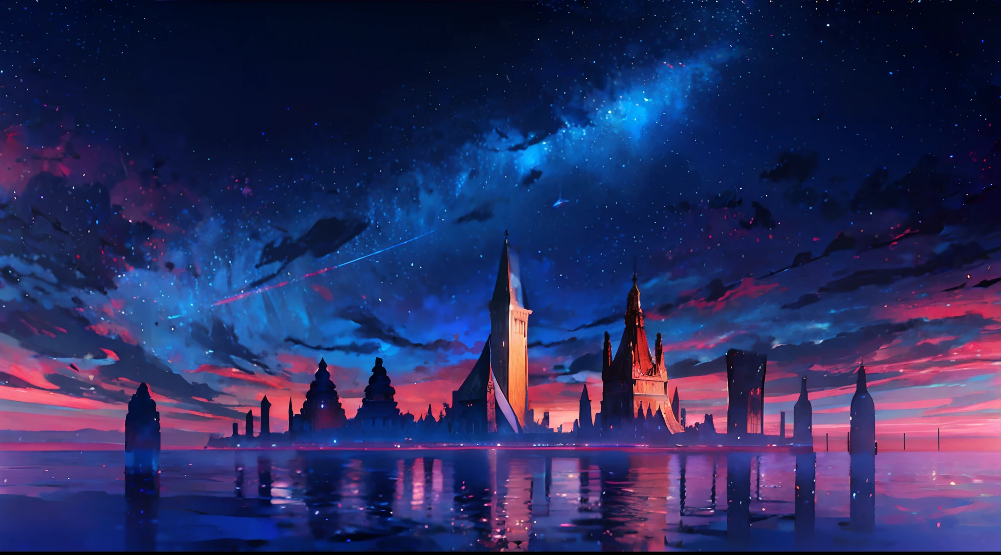 towers of god, blue towers, violet, blue, red, god, red sky, violet sky, starry sky, stars, starry towers, starry god, light blue, civilization, order