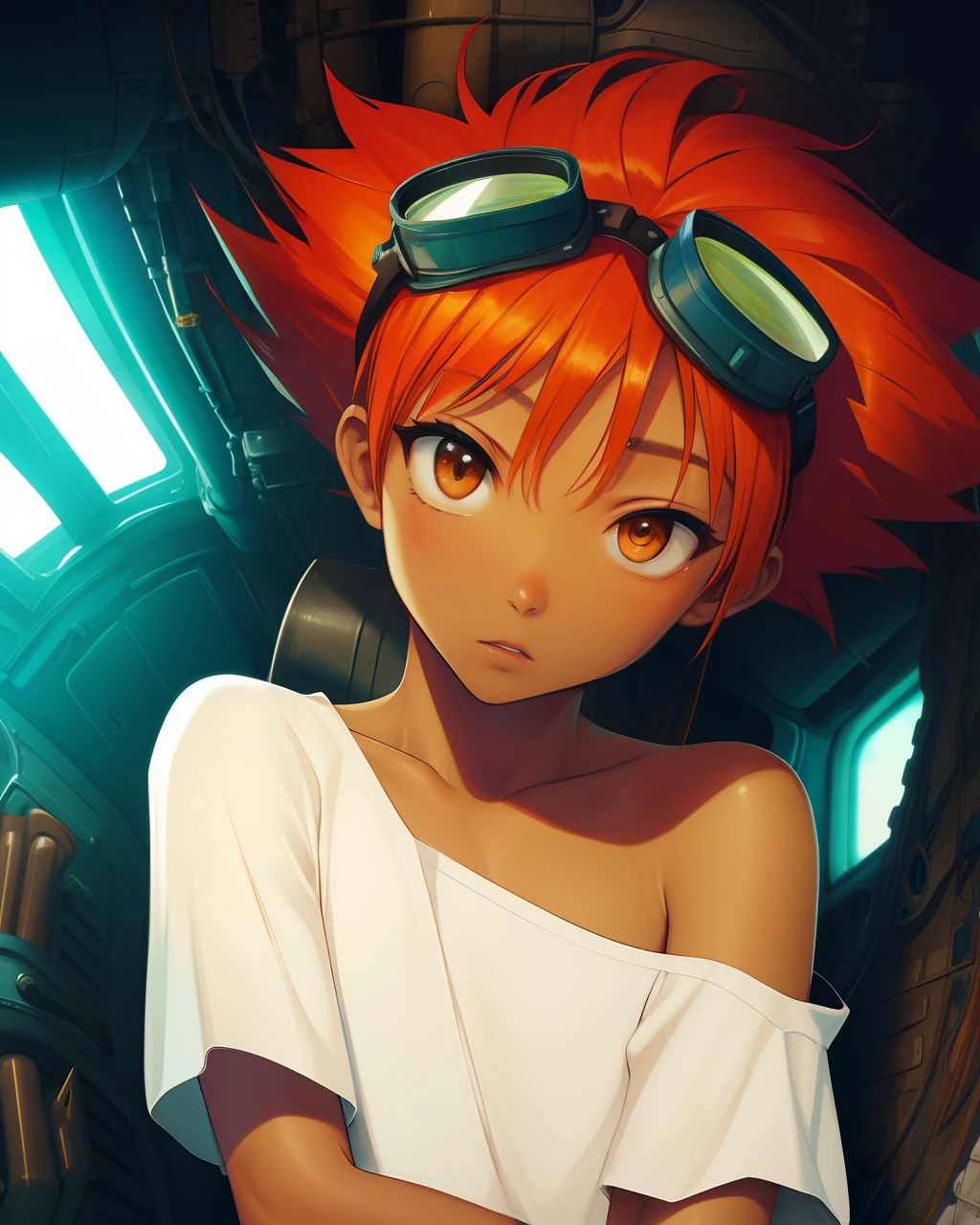 Edward,  tan skin, tomboy, midriff, orange hair, (white loose shirt), off shoulder, spiked hair, barefoot, bike shorts, brown eyes, goggles on head, upper body, 
space station, engine room, 
 (insanely detailed, beautiful detailed face, masterpiece, best quality)  volumetric lighting, best quality, masterpiece, intricate details, tonemapping, sharp focus, hyper detailed