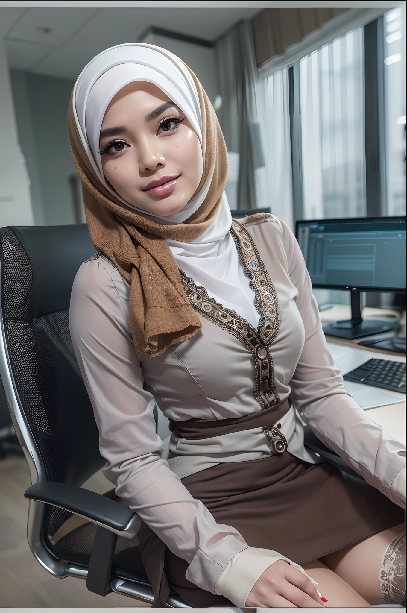 malay girl in hijab, (Elite secretary of light underwear high society), sit on chair，working in an office、 (Wear pantyhose)、(white hijab)、Crossed legs, Wear high-end heels、 (thighhighs and skirt), Shirt secretary, merchant,  Wear a shirt and skirt, Business attire, business outfit, RAW photo, (8K、top-quality、tmasterpiece:1.2)、(intricately details:1.4)、(Photorealsitic:1.4)、octane renderings、Complex 3D Rendering Ultra Detail,  vibrant detail, super detailing, realistic skin textures, Detal Face, Beautiful detail eyes, Very detailed CG Unity 16k wallpaper, Make up - up, (detailedbackground:1.2), shiny skins、Bare with thighs!!!,