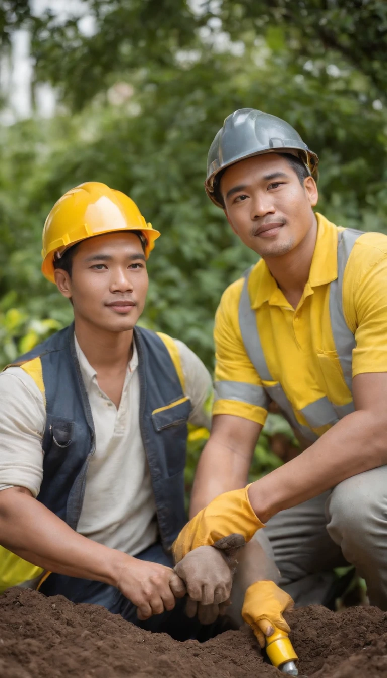 Project background shoot, Garden construction, well drilling construction work on the garden, drilling equipment installed by two Indonesian construction workers, handsome construction workers, Indonesian male models, white skin, delicate eyes, wearing construction vest, wearing yellow construction helmet