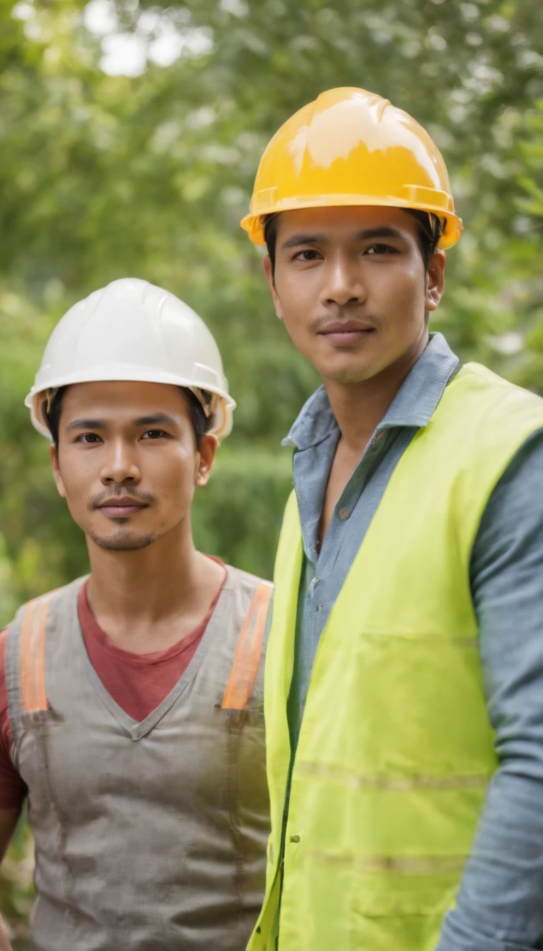 Project background shoot, Garden construction, well drilling construction work on the garden, drilling equipment installed by two Indonesian construction workers, handsome construction workers, Indonesian male models, white skin, delicate eyes, wearing construction vest, wearing yellow construction helmet