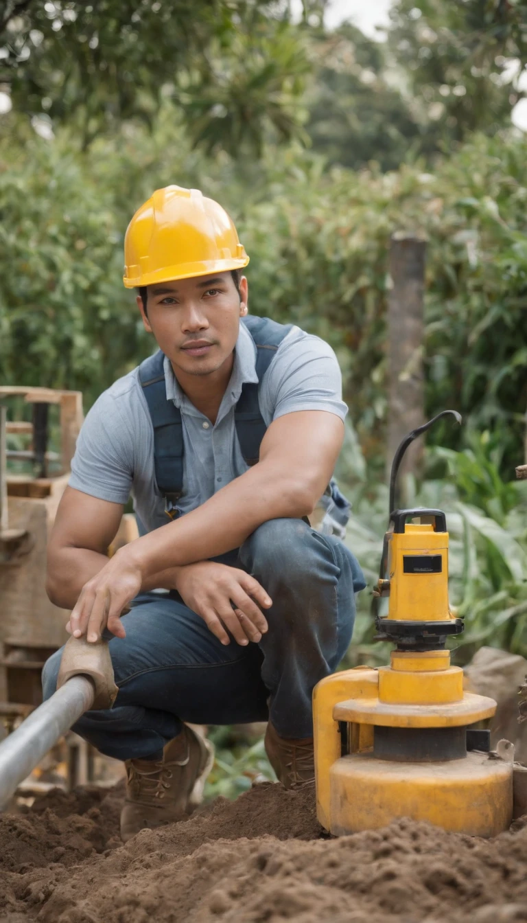 Project background shoot, Garden construction, well drilling construction work on the garden, drilling equipment installed by two Indonesian construction workers, handsome construction workers, Indonesian male models, white skin, delicate eyes, wearing construction vest, wearing yellow construction helmet