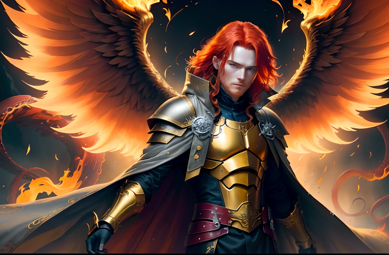 "Generate an image of a red-haired, middle-aged fallen angel with tentacles for wings. He is wearing a trench coat laced with gold and grey armor that shows signs of wear and tear. His eyes emit a glowing gold-yellow flame."