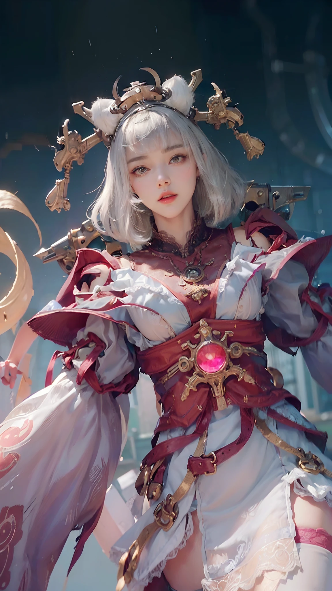 (((Masterpiece, top quality, super detailed))), One female, Very Slender body ,Long, thin legs, (((short black bob, thick puffy bangs ))), (((very detailed face))), cosmetics-free, small thin nose, small thin-lipped mouth, (((very sharp focused eyes))), large slit precision pale grey eyes, sparkling like jewels, Long eyelashes, ((Very Excessively decorative intricate mechanical steampunk fashion, Flared mini skirt, Lace stockings above the knee, Off-shoulder gothic ta decorative fashion)), The night an abandoned, intricately mechanized steampunk factory burns and explodes, (((overall accuracy has improved dramatically, creating a super detailed and realistic image))), Super realistic photo.