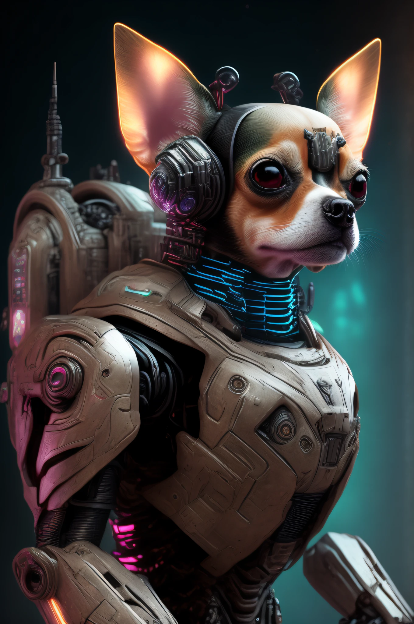 (masterpiece:1.2), (ultra-detailed:1.1), best quality, clear & before, cool features, dazzling sci-fi style,doom slayer, chihuahua, realistic robot, cyberpunk/robot power armor, close-up portrait, dark background, cold colors,.