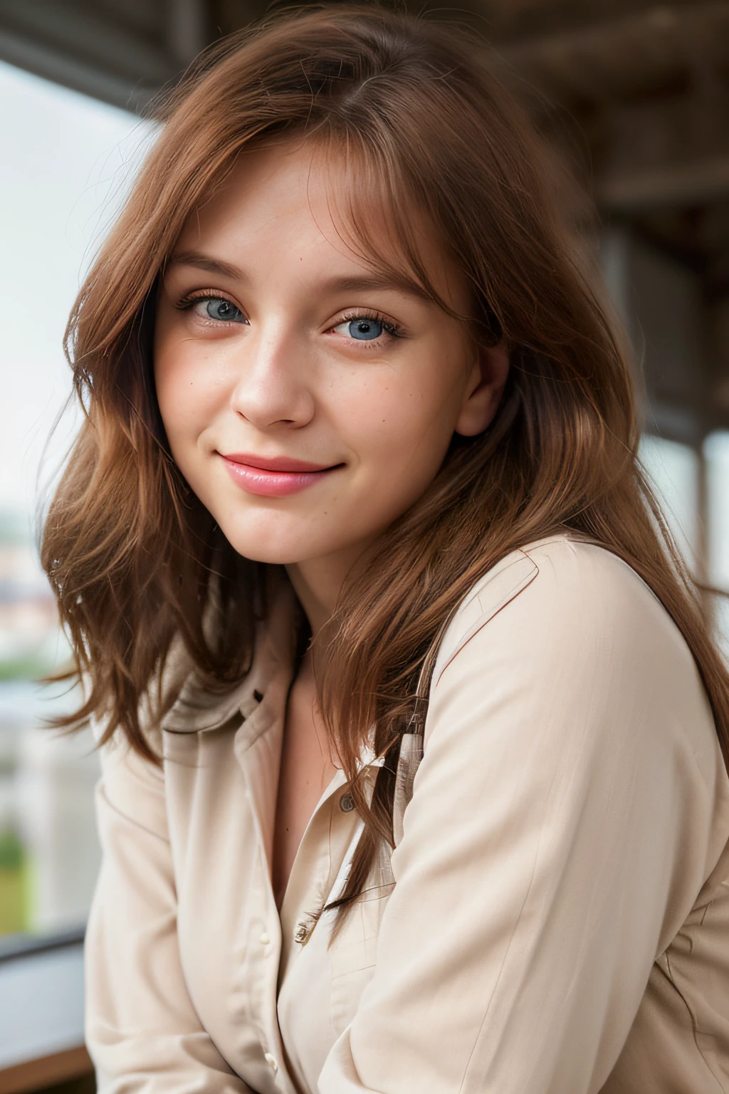 Hannakhovo wears business overalls in the office, (Brown long-sleeved shirt), sportrait, Beautiful face, beautidful eyes, outside, sportrait, Shy smile, opening eyes, an award winning photograph, best qualityer, full bodyesbian, Hannahowo, windblown brown hair, Port 400, F2.8, natural color, Detailed textures, Natural lighting, Zeiss, Medium format, Bokeh, Eye contact