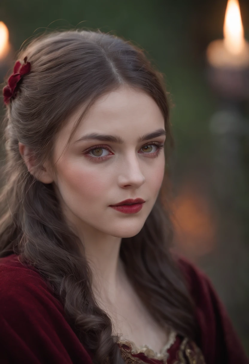 (((A deep red wound streaked across her left cheek))) Fair complexion, A woman around 19 years old, Natural gray hair, Unique green eyes, Wear Cole, Slender and graceful, Beautiful, Candlelight in a medieval setting, super sharp focus, realistic lens, Medieval women's clothing, Four colors (Scar:1.4)