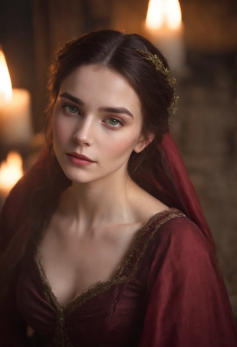 (((A deep reddish scar runs across her left cheek))) light skinned, Women around 30 years old, Natural black hair, Distinctive green eyes, slender and graceful,, Beautiful, Candlelight in medieval atmosphere, Ultra Sharp Focus, realistic shot, Tetradic color (Scar:1.4)、fullnude、Full-fledged nipples、Female genitalia in full view、Black pantyhose、Thigh opening、stick out buttocks、
