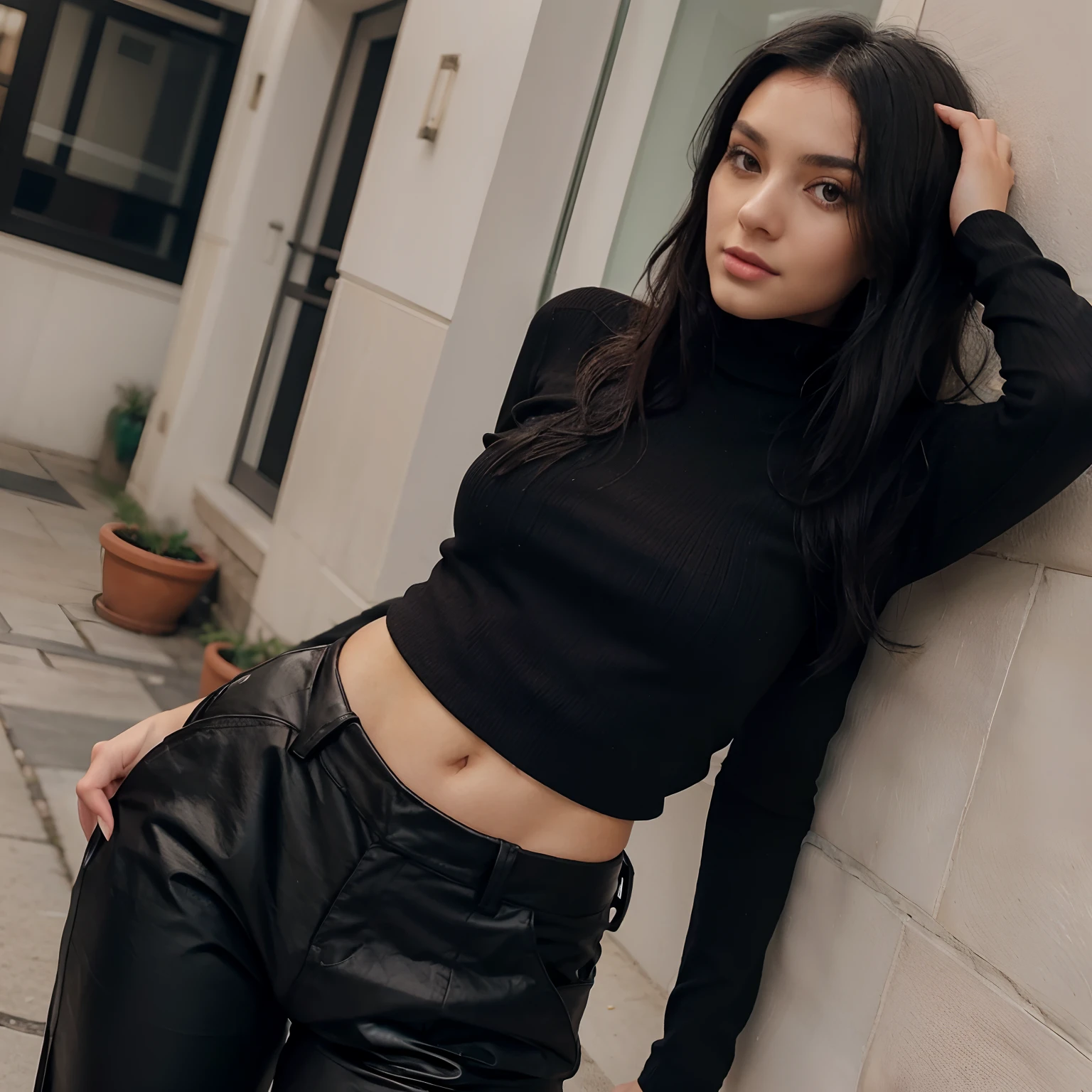 Girl, black hair, black turtleneck, black pants, sexy