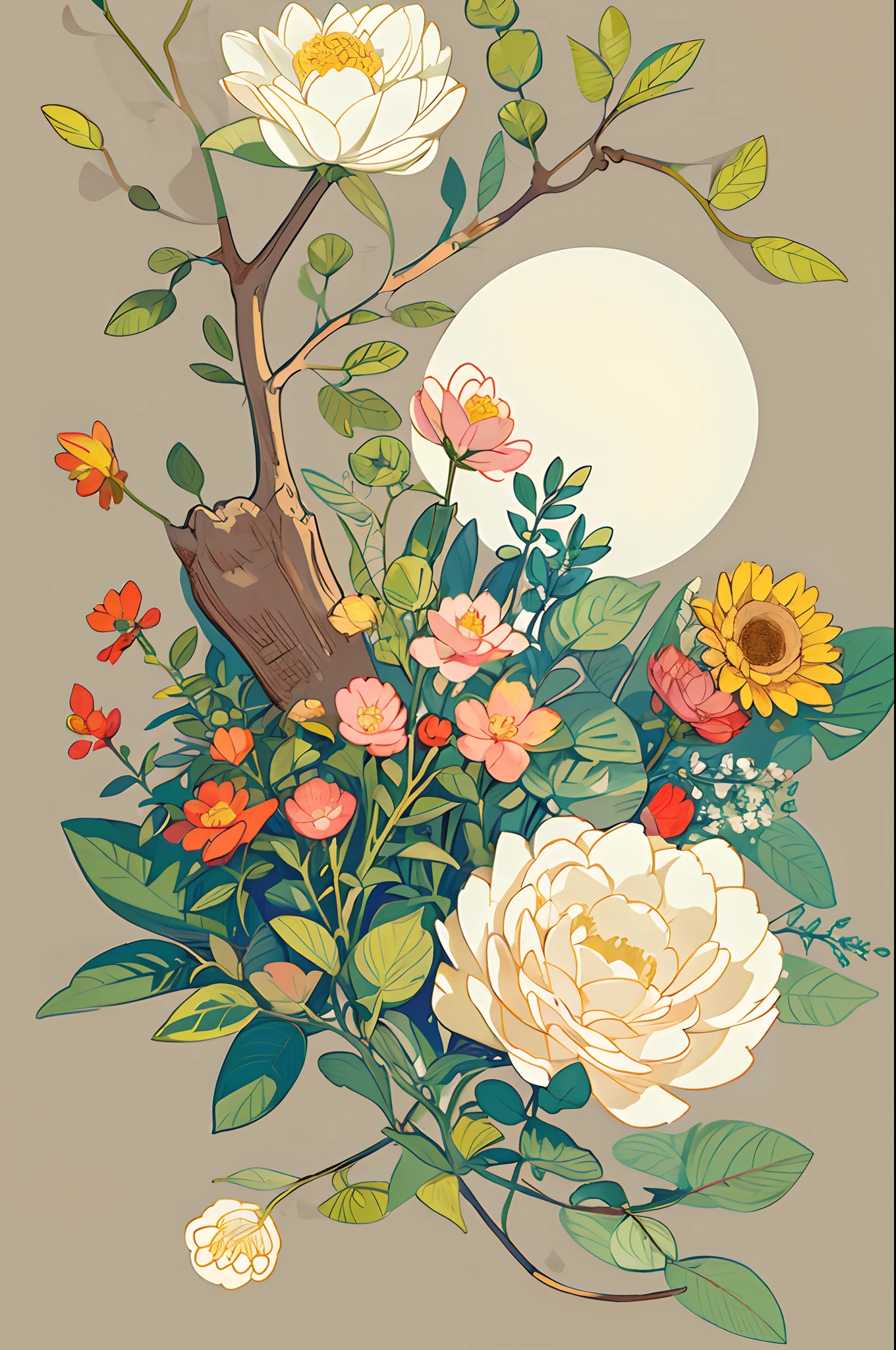 Slight vintage color,planar,,RISO print style,illustration,adolable,Leave white space,low-saturation,Lots of flowers，Individually arranged，leafs，branches，Printing， a sticker，Random distribution，Lovely drawing style， Color guide，Graphic design，Carpet pattern，（solid color backdrop）