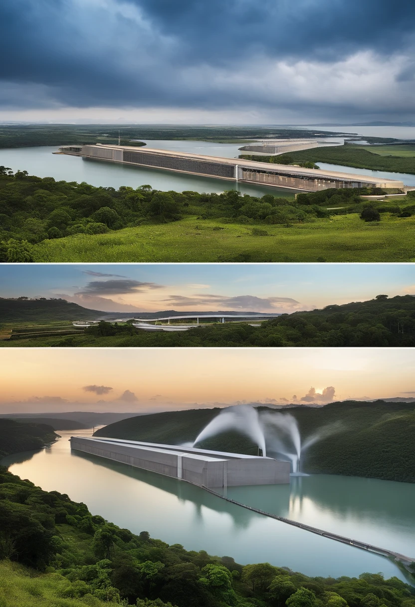 Create a visually impactful image to compose the stage background of an innovation and intellectual property event/industrial. Use the blueprints of the Itaipu Binacional Hydroelectric Power Plant as a base. Na imagem, gere a palavra "ITAIPU" in a unique way, atraente e criativa, destacando as letras "I" e "P" do meio da palavra "ITAIPU" in a way that refers to Intellectual Property and Industrial Property