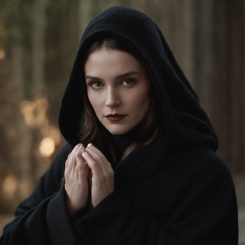 Create me an image of a person wearing a black robe with a hood and shadows covering their face who is also doing the mudra of creation, alta resolução, sombrio, horror, satanic, esquema de cores escuro