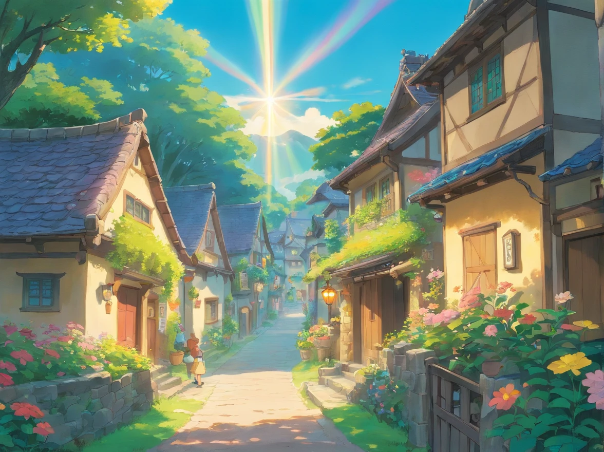 Suddenly, a beam of light shot out of the fairy's hand，Shrouded the entire village。The beam takes on a variety of colors，Houses with the village、Trees and flowers complement each other。The villagers looked at the beam