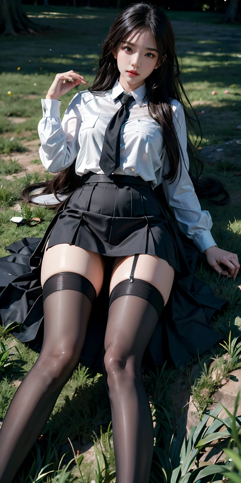 Photorealistic, high resolution, Soft light,1womanl, Solo, Hips up, view the viewer, (Detailed face), Long hair, lying on the grass ground, look from down, Show panties, See panties, secretary_uniform, Black skirt, Pantyhose, tattoo, jewelry