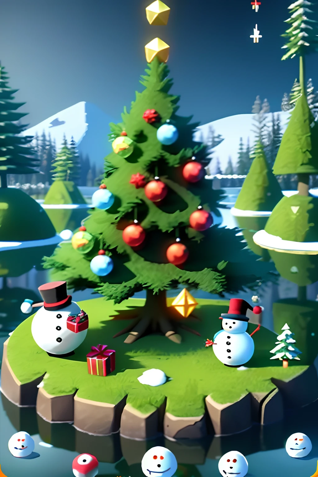 Mini game main interface background，Christmas tree with snowman and snowman cartoon image, nipple play, a fish climbing a tree, gameplay, ingame image, sword stuck in a pond island, 2 d game, scutoid, flying trees and park items, game footage, spike shell, pines symbol in the corners, game footage, gameplay video, star sharpness, game screenshot