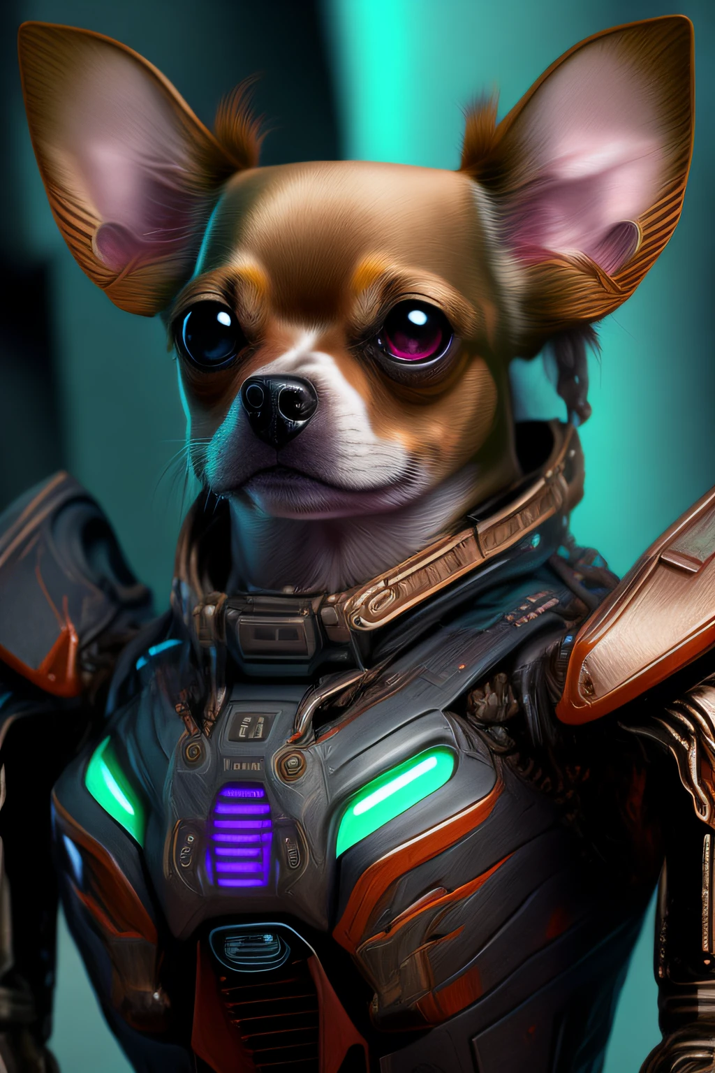 (masterpiece:1.2), (ultra-detailed:1.1), best quality, clear & before, cool features, dazzling sci-fi style,doom slayer, chihuahua, realistic robot, cyberpunk/robot power armor, close-up portrait, dark background, cold colors,.