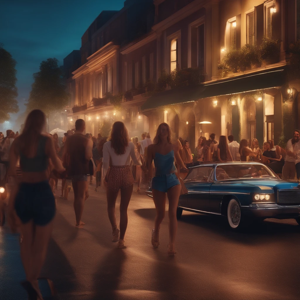 Street with people partying, girls wearing shorts with drinks in their hands, men with drinks in their hands, luxury cars passing on the street, 4k, ultra realistic