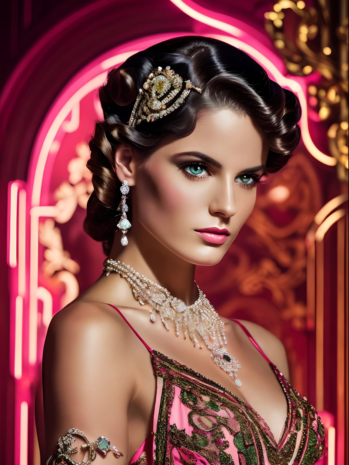 (masterpiece) A stunning closeup image of a sensual and insanely stunning modern-day aristocrat with a twist of rococo extravance, reminiscent of Tamara de Lempicka’s Art Deco elegance. Incorporated bold neon lights to highlight the intricate rococo details, casting a mesmerizing glow on the subject, style raw, in the style of shiny swarovski crystals.