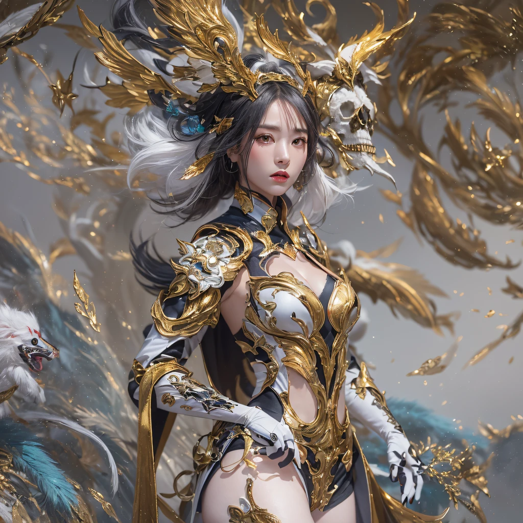 ((Red and white mech girl))National wind circle,Flying nine-tailed fat skull flame ethereal toad star,Golden-black damask white rabbit fur bra,Fuchsia pink diamonds, Tulle burgundy diamond shin guard,CG ,Light orange full set of thick mechs,Giant,, Realistic secret girl rendering, detailed face of a asian girl, Reality in the secret world, Smooth CG art, Realistic. Cheng Yi, Realistic secret style, A lovely secret rendering, 8K portrait rendering, Render character art 8 K, Kawaii realistic portrait,Golden-black damask white rabbit fur bra,Fuchsia pink diamonds, Tulle burgundy diamond shin guard((ultra real detailed.mecha-girl)Mink cotton suit mech,Bright blue and white feathers gold silk shoulder pads,Shi Zhonghu Huhu female Taoist,Tailfire,Tattooed with,Genius ratio,Silicone texture,Short bright purple hair,3D modeling,4K,8K,16K smooth (Masterpiece, Top quality, Best quality, offcial art, Beauty and aesthetics: 1.2), Very detailed, Colorful, Most detailed, branches,mecha-girl, (Mards)mecha-girl(canyons), (Linen Future Mecha Girl), Angry fighting stance, looking at the ground, Batik linen bandana, Crane pattern long sleeve garment,Mecha Maiden Canyon(Abstract propylene splash:1.2), Dark clouds lightning background,Sprinkle with golden mech girl powder(realisticlying:1.4),Black color hair,Flour fluttering,rainbow background, A high resolution, the detail, RAW photogr, Sharp Re, Nikon D850 Film Stock Photo by Jefferies Lee 4 Kodak Portra 400 Camera F1.6 shots, Rich colors, ultra-realistic vivid textures, Dramatic lighting, Unreal Engine Art Station Trend, cinestir 800,Flowing black hair,(((Red and white mech girl))),Front view,Pure transparency,Wear boxing gloves,Ice is permeable to gas,Film light and shadow,Panorama ultra-wide angle,extremely happy,The texture of the real person is delicate,Strong visual impact,Hyper-detailing,Dream girl,Refined face,prettyeyes,high saturated,Wear reflective sunglasses with a thick gold thread,crystal-clear,Good interpersonal skills