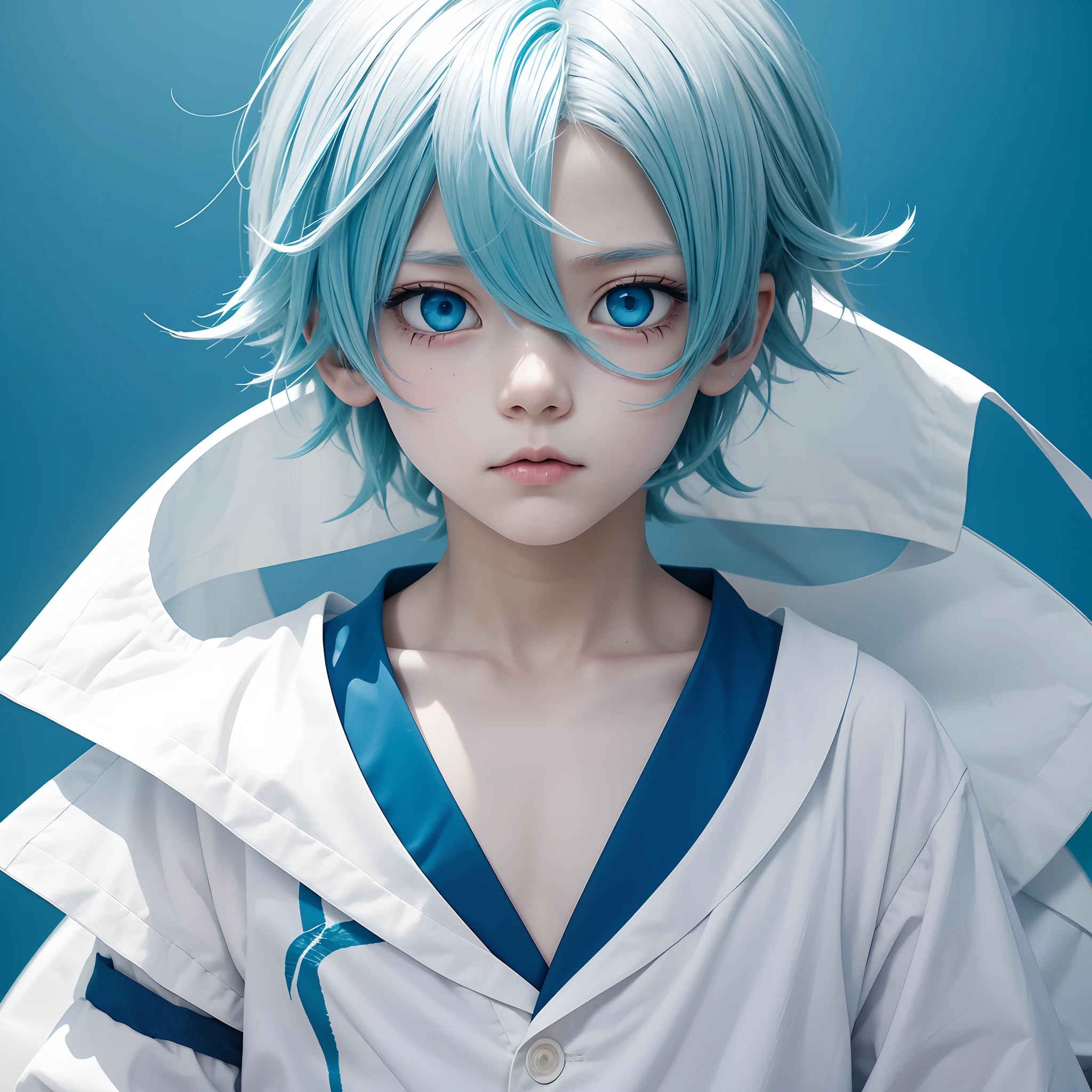 Litte boy cyan hair,cyan eyes,scarred eye)(white and blue clothes) anime